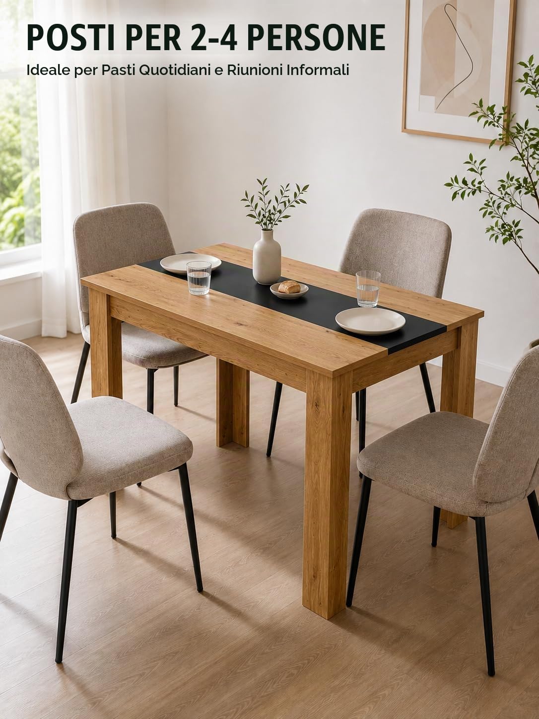 Tavolo da Pranzo Rovere Rettangolare Tavolo Cucina 110×70×75cm | Fascia centrale nera e gambe a forma di L con bordo spesso per uno stile industriale e una struttura stabile ogni giorno