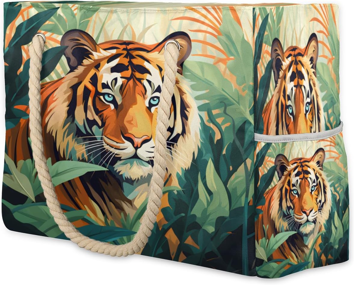 Tropical Leaf Tiger Watercolour Beach Bag for Women Waterproof Sandproof Tote with Zipper Cotton Rope Handles for Travel Pool Gym Shopping