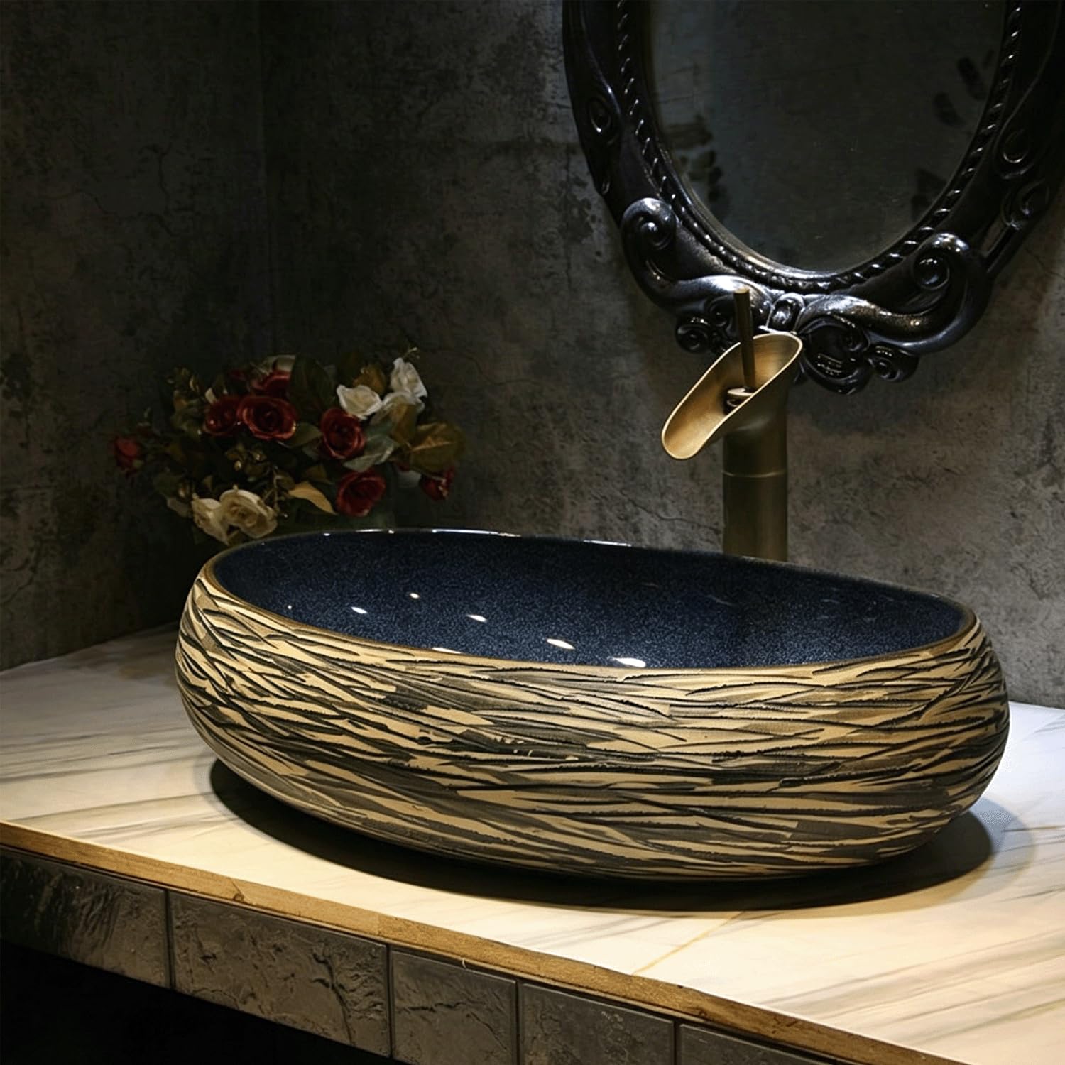 QjxSXLFSX ceramic countertop basin, Oval Bathroom Vessel Sink,Handmade, high-temperature fired, clean and easy to clean, for Bathrooms and Homes,G,47×33×15cm