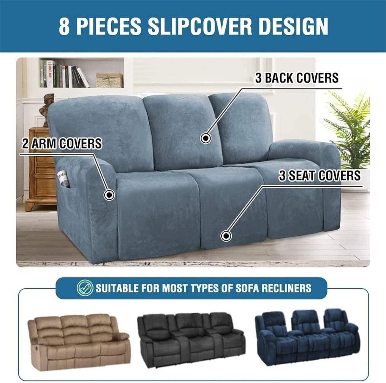 XMAYODS 4/6/8 Pieces Recliner Slipcovers Stretch Recliner Couch Covers Soft Spandex Sofa Cover for 1/2/3 Seats Non-Slip Furniture Protector with Pocket (Color : #10, Size : 3 People (8 Pieces))