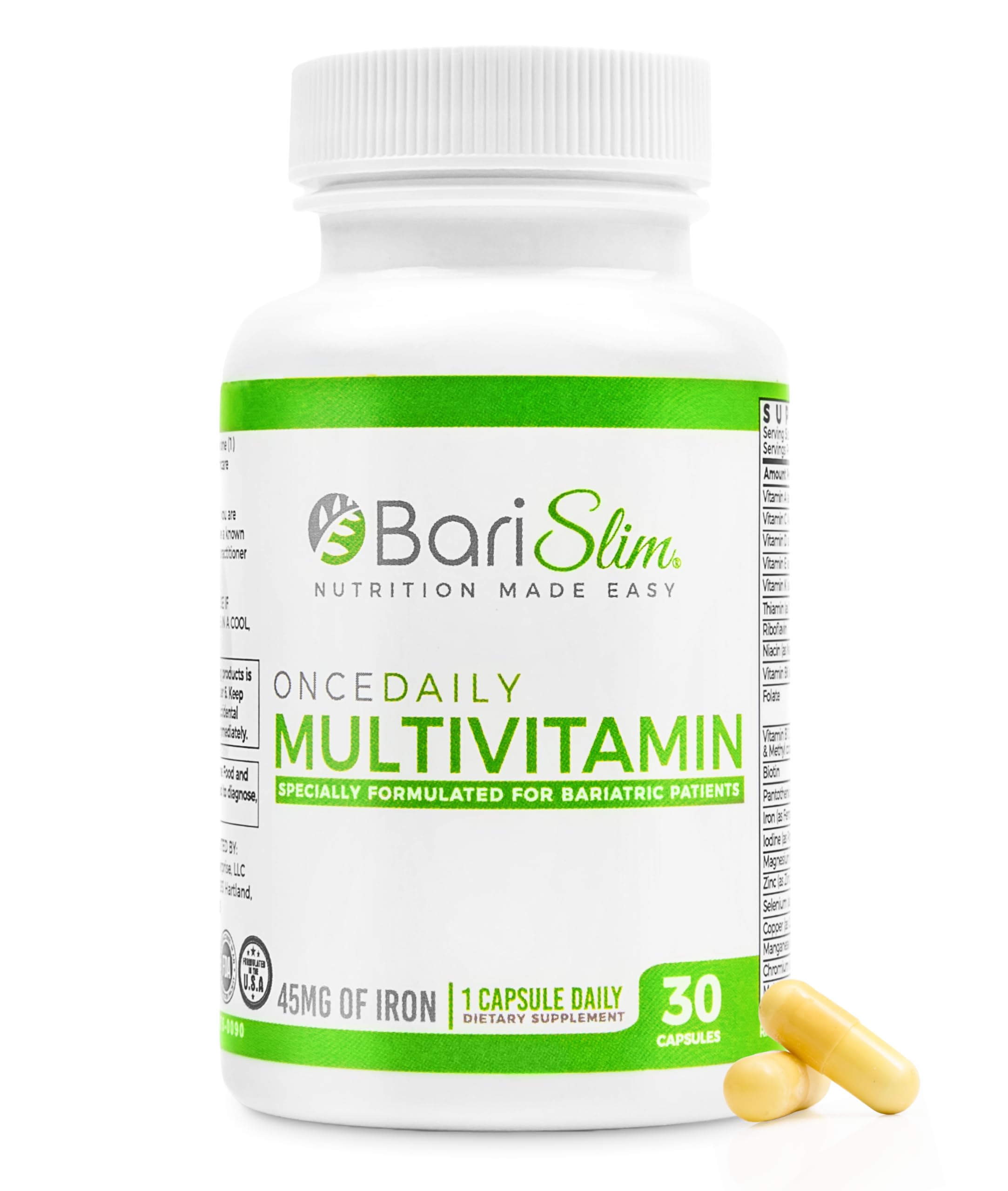 Bari Slim Once Daily Bariatric Multivitamin Capsule - 45mg of Iron - Bariatric Vitamin & Supplement for Post Bariatric Surgery Including Gastric Bypass & Gastric Sleeve | 30-Day Supply