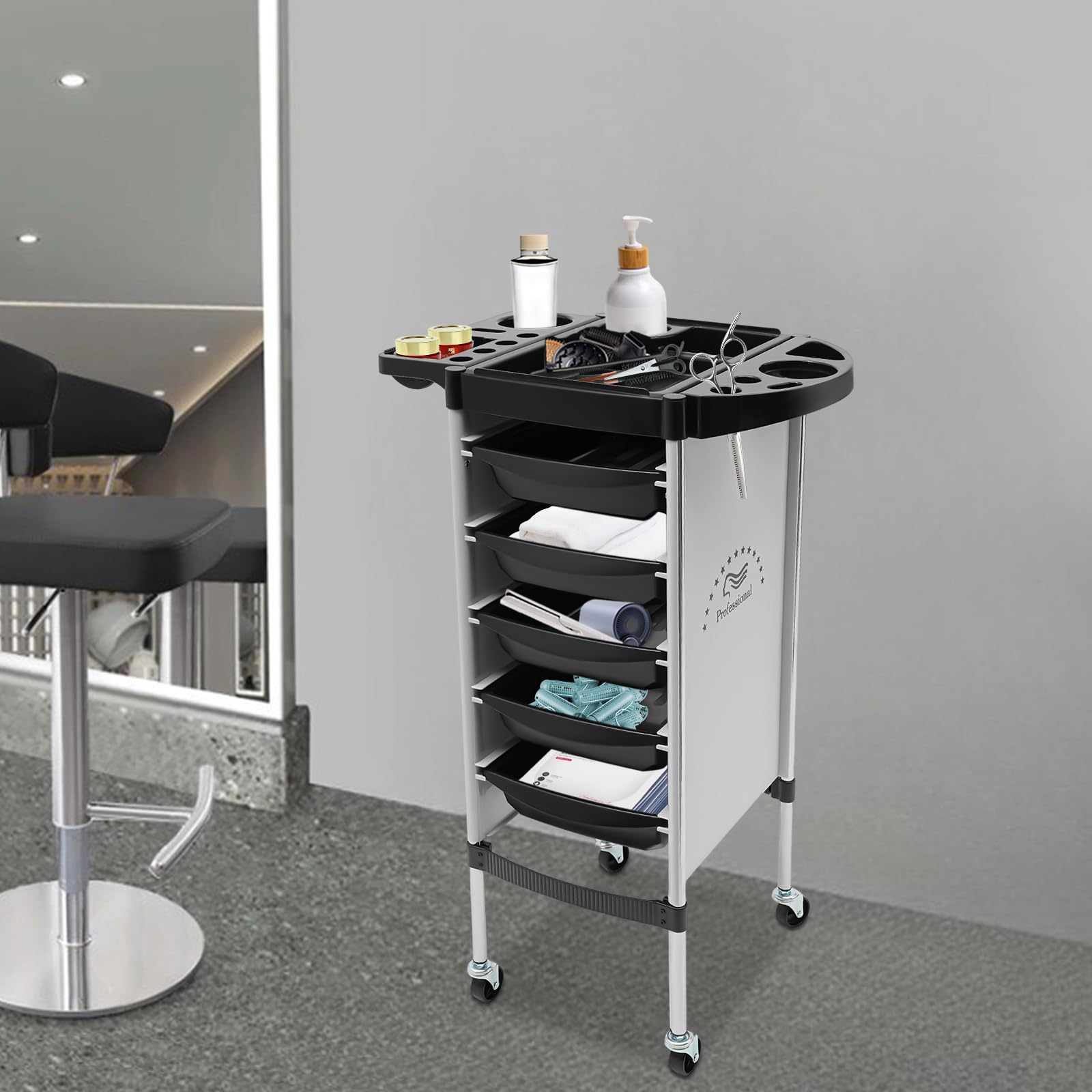 Chariot de coiffeur 6 étages 5 tiroirs amovibles plateau à outils 4 roues universelles pour salon coiffure tatouage