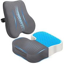 Gel Seat Cushion &amp; Lumbar Support Pillow Set, Cooling Memory Foam for Coccyx &amp; Sciatica Pain Relief, Ergonomic Desk Chair Cushion with Breathable Mesh Cover for Car, Home, Wheelchair (Grey)