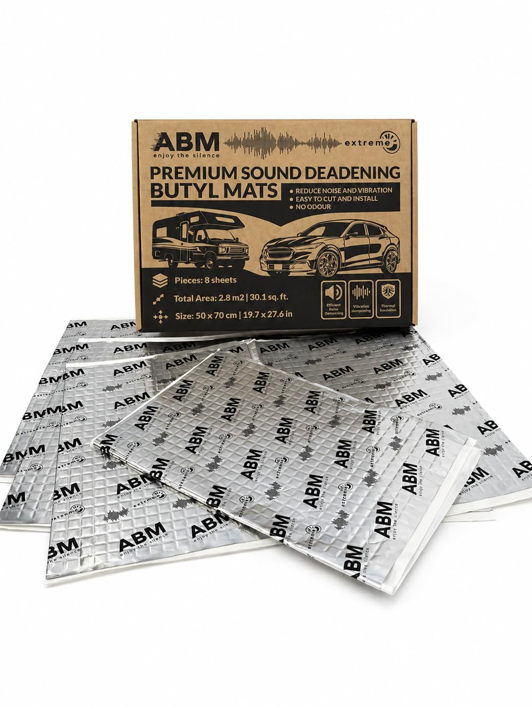 ABM Extreme samochodowa mata tłumiąca dźwięki o grubości 1,5 mm, 59 mil, samoprzylepna izolacja samochodowa, butyl, 8 arkuszy, po 50 x 70 cm, łącznie 2,8 m², tłumienie hałasu i wibracji