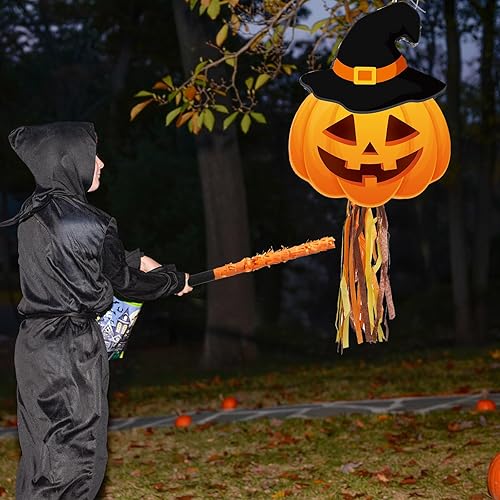 Miniatura 4 de Aoriher Piñata de calabaza de Halloween, piñata de cuerda para Halloween, decoración colgante de piñata con palo, piñata mexicana rellena de azúcar