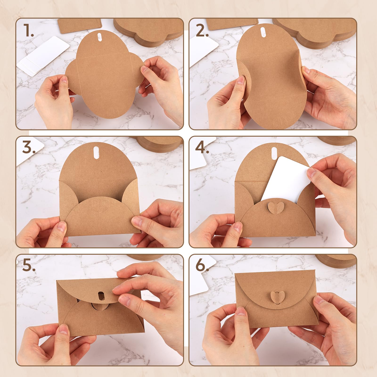 50 Stück Mini-Umschläge Mit Herz-Verschluss | Kraftpapier-Geschenkkartenumschläge | Inkl. 50 Blanko-Karten