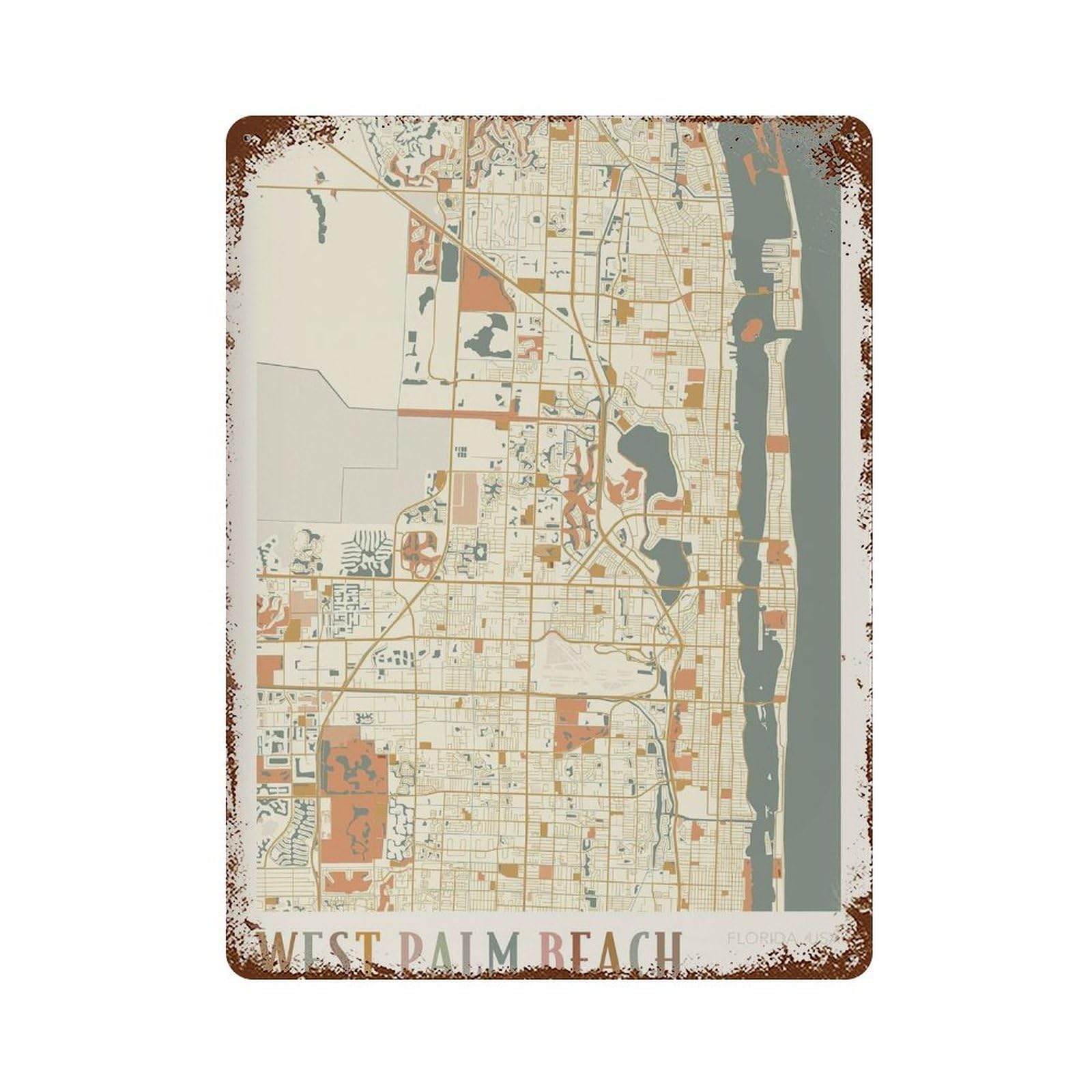 xiaoxiaoshen West Palm Beach Map Florida Travel Gift Boho Wall Decor Art Metal Tin Poster Modern Home Decor Art Home Bar Shop Decorations Vintage Sign 40x30cm