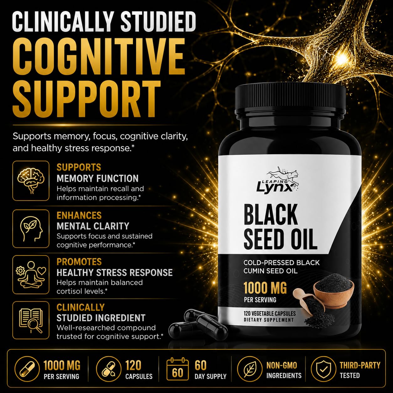 Leaping Lynx Black Seed Oil 1000mg Capsules – Cold-Pressed Nigella Sativa Black Cumin Seed Oil Supplement for Immune, Heart & Digestive Health – Non-GMO, 120 Capsules, 60-Day Supply — Amazon image 6