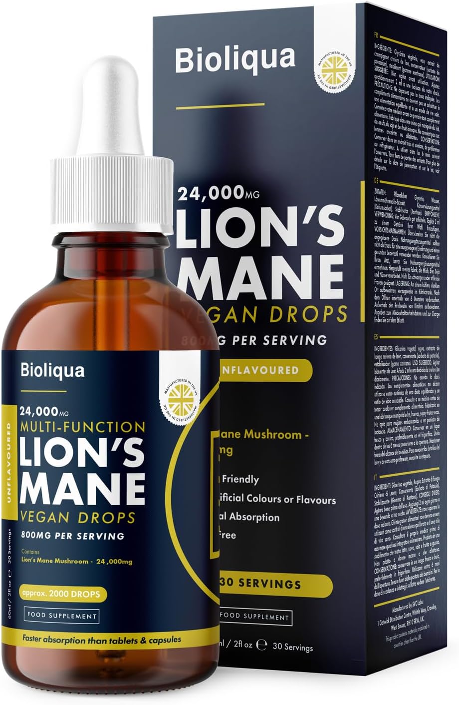 Lions Mane Supplement Liquid Drops - High Strength of 24,000mg per 60ml Bottle at 4X Concentration - Vegan - 1 Month Supply of Premium Lions Mane Extract - Made in UK by Balance (Single Pack)