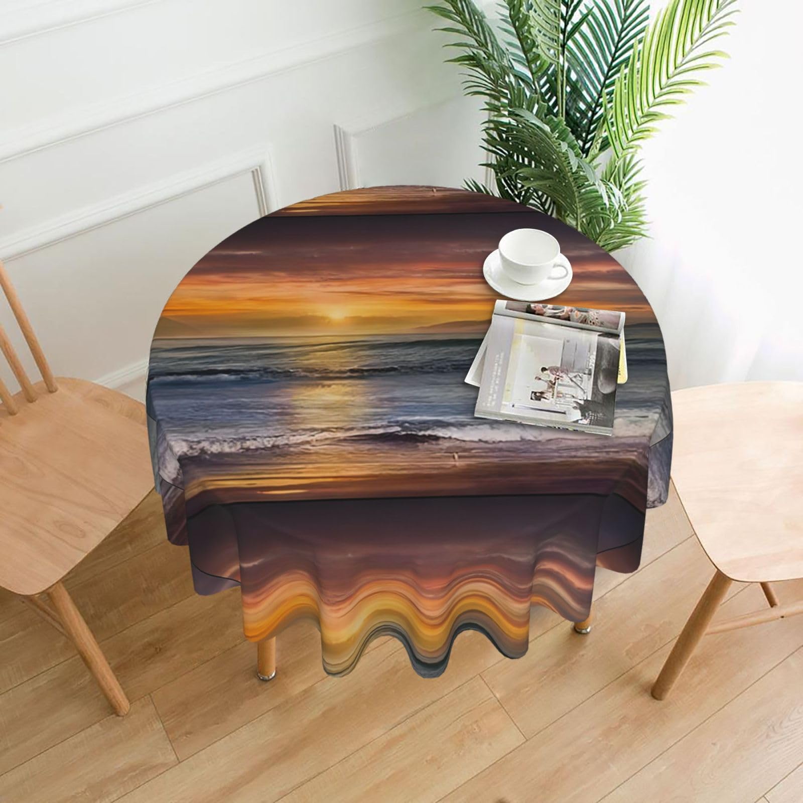 Hjfczh Black Sunset Beach Prints Round Table Throw 60 Inch - Waterproof Table Cover - Soft & Wrinkle Resistant Decor Layer For Dinners, Parties & Everyday Use