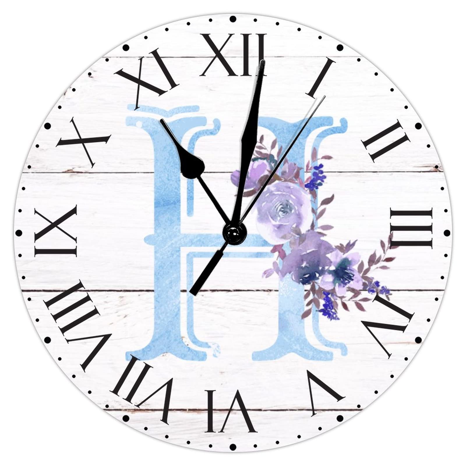 Horloge murale silencieuse à pile avec motif floral violet et initiale H en PVC