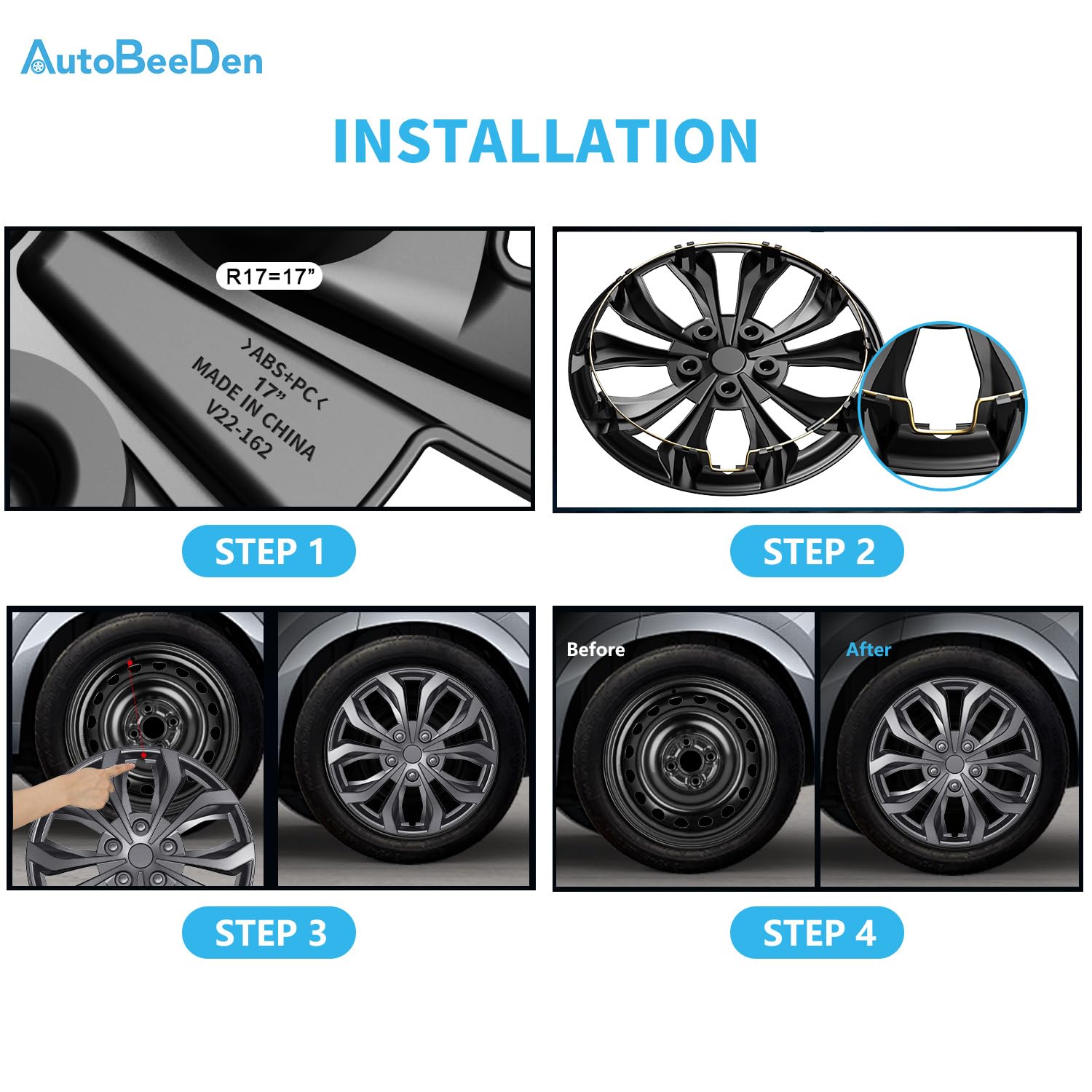 4er-Pack Universal Radkappen für 17 Zoll Räder, 17" Radzierblenden, Radblenden (Grau, 17 Zoll)