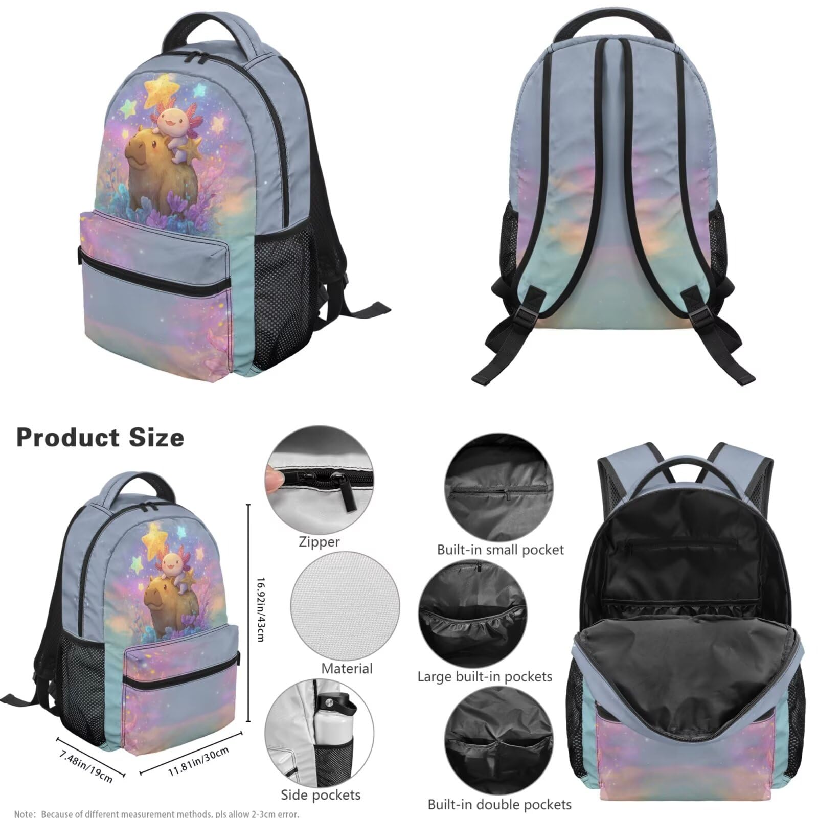 Schulrucksack für Kinder, mit Lunchtasche, Federmäppchen, Mädchen, Jungen, 5 Stück, Capybara Axolotl, Tagesrucksack