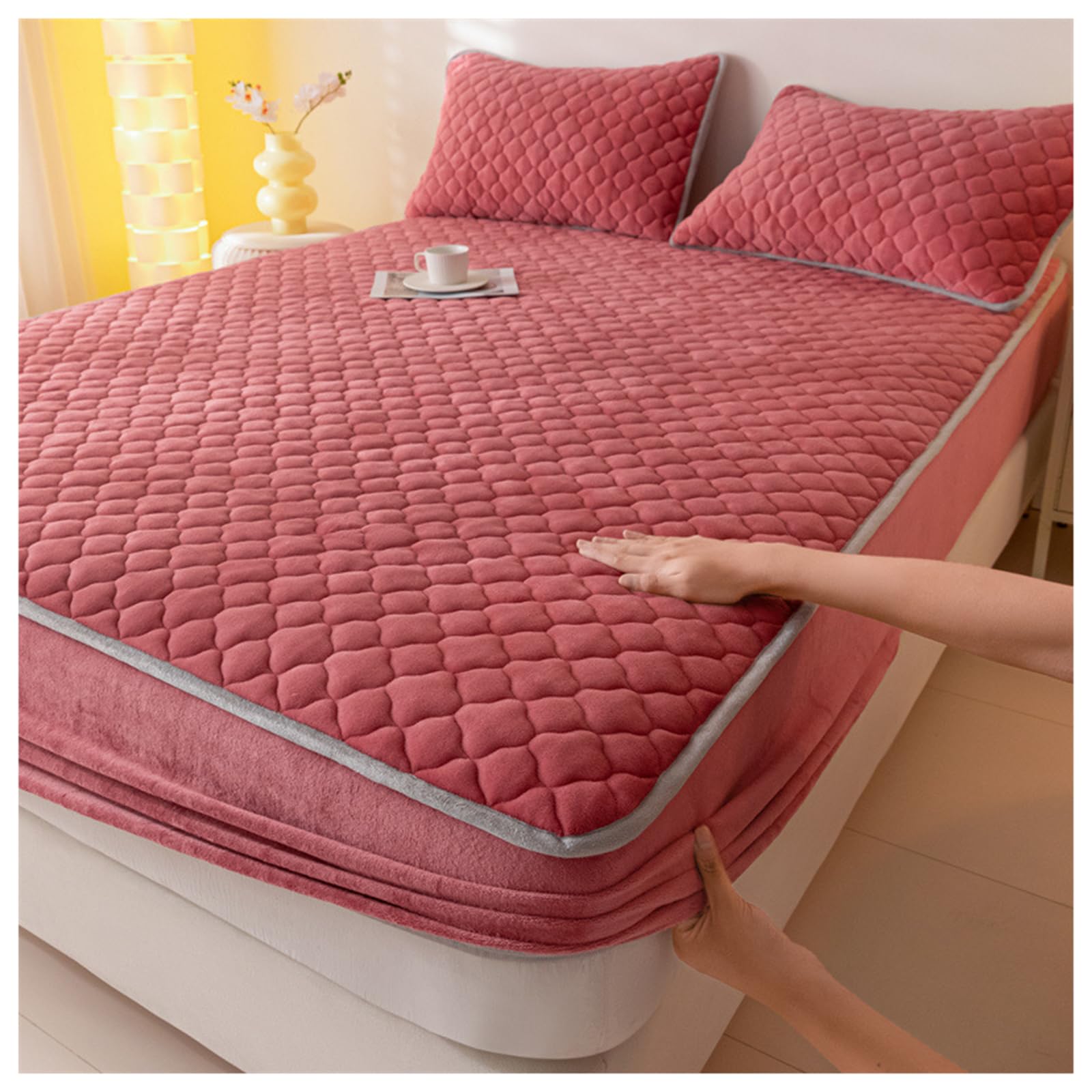 GOFOHIMI Thickened Quilted Fitted Sheet Protector with 2 pillowcases,All-Inclusive Stretch Bed Sheet Mattress Protective Cover Milk Fleece Bedspread for Bedroom Decor,bean paste,90 * 200cm