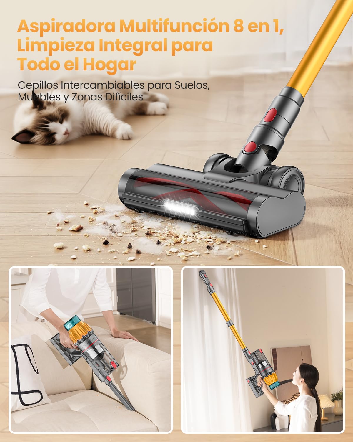 48 Kpa/550W/70Min Aspiradora sin Cable, 2.0L Aspirador de Mano con Pantalla Táctil, Cepillo Antienredos, Carga de Pared, Escoba Aspiradora sin Cable para Suelo Alfombra Pelos de Mascotas Automóviles