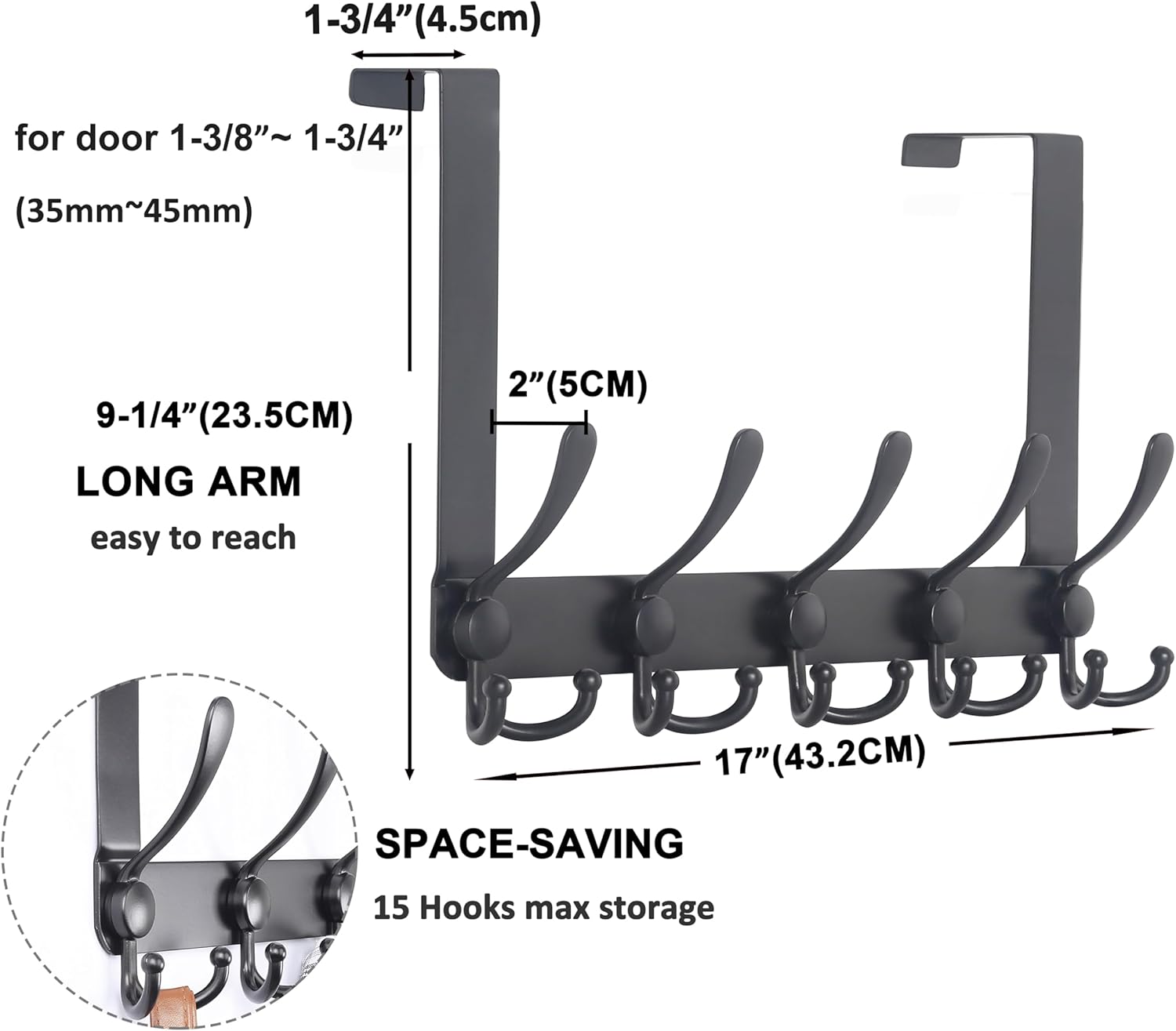 Dseap Over The Door Hook Hanger - Fits 1 3/8" to 1 3/4" Standard Doors | 5 Tri Hooks Heavy Duty Towel/Coat Rack | Door Organizer for Clothes, Jackets, Hats, Towels, Black, Pack of 2