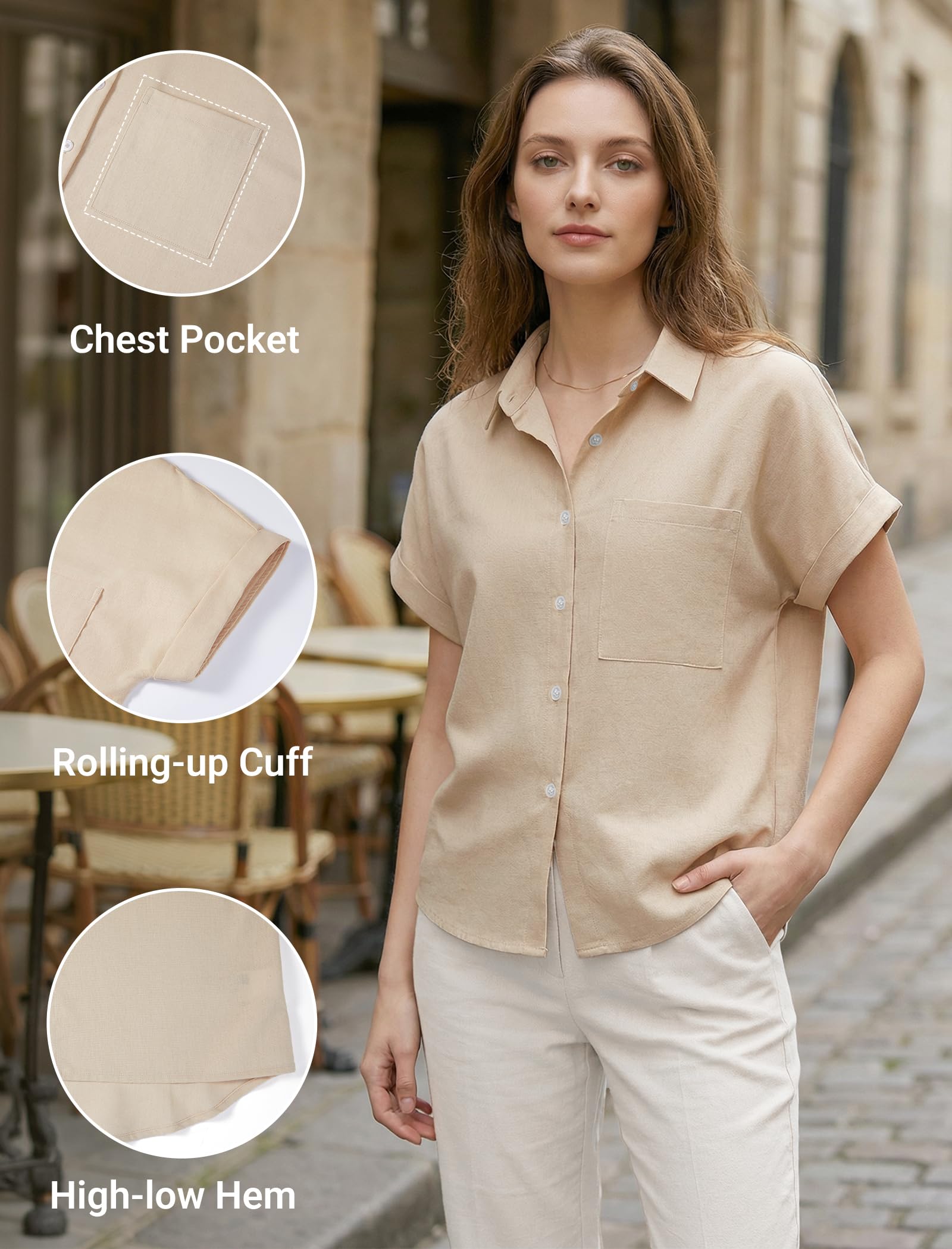 Enmain Camisa Lino Mujer Manga Corta Verano Camisas Blusa de Lino y Algodón de Botones Cuello en V Color Liso Casual Shirt Mujer Elegante Cómoda para Playa Trabajo