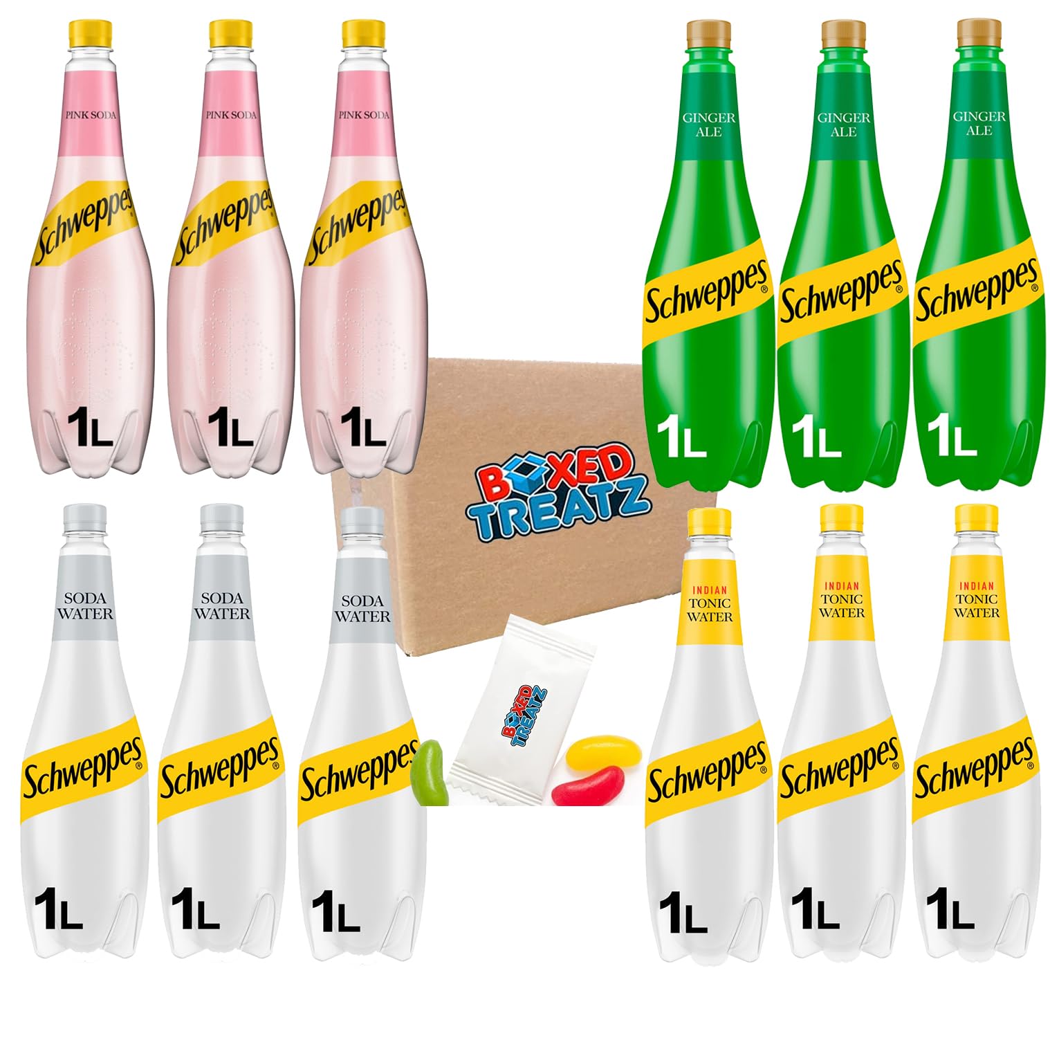 Canada Dry Ginger Ale 3 X 1L, Tonic Water 3 X 1L, Soda Water 3 X 1L & Pink Soda 3 X 1L (12 X 1L) Boxed Treatz