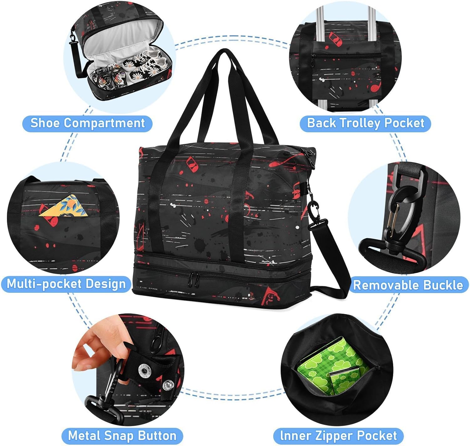 Gothic Style Red Notes Travel Tote Gym Bag Overnight Bag with Toiletry Bag for Hiking Waterproof