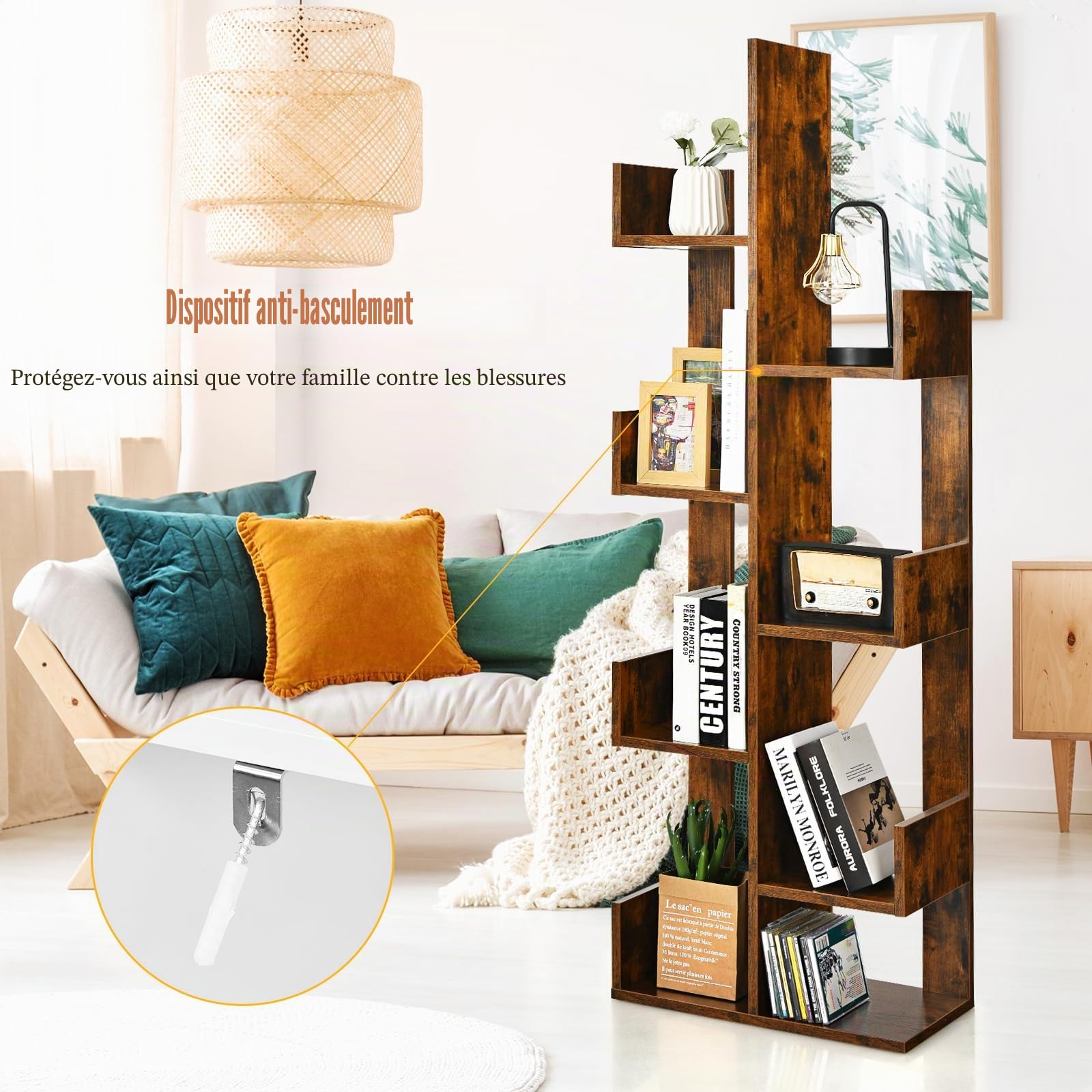 HOMASIS Bibliothèque en forme d'arbre, étagère sur pied avec 8 niveaux, compartiments en bois, rangement pour salon, chambre à coucher, bureau, 50 x 25 x 145 cm (marron)
