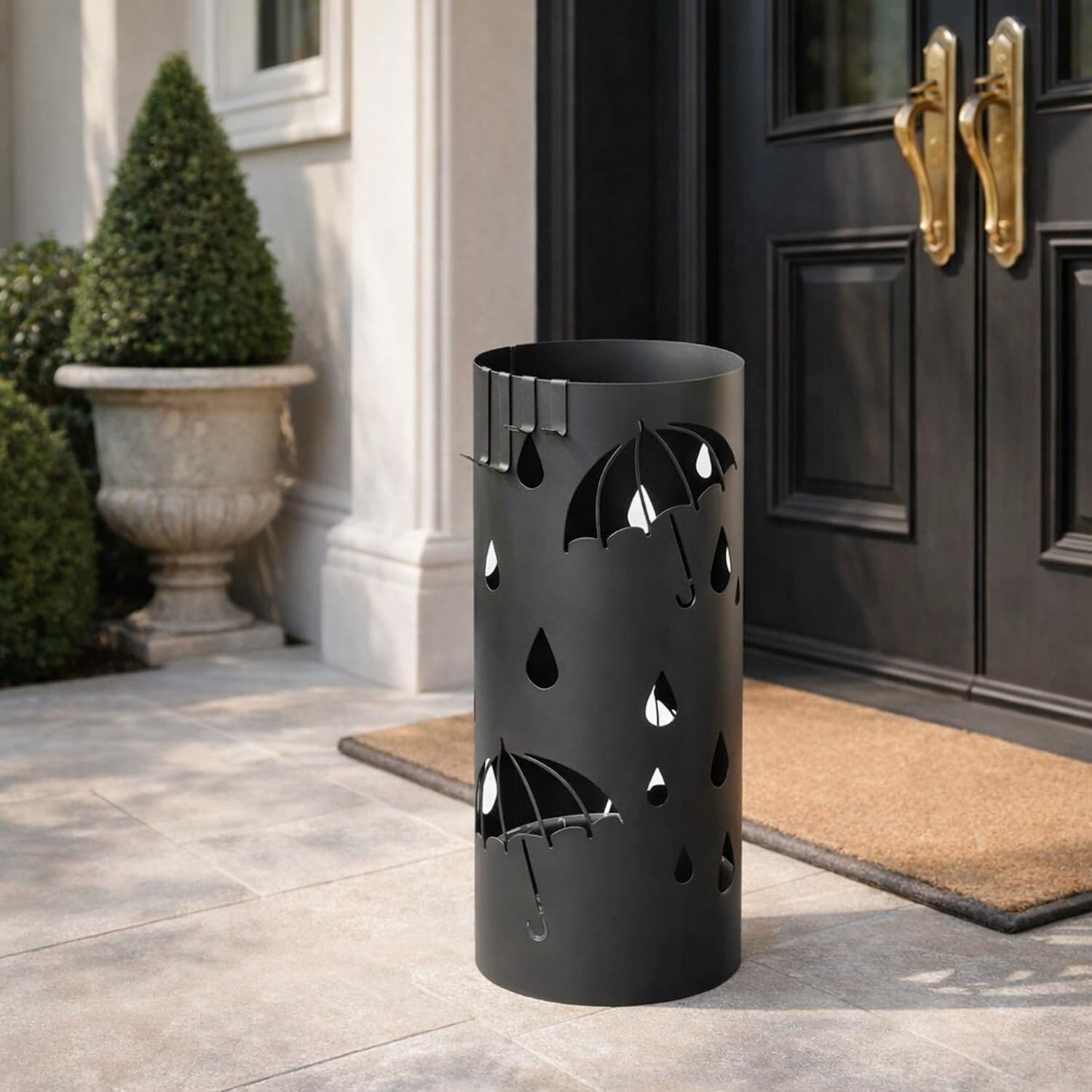 Arreditaly Portaombrelli Rotondo In Acciaio Zincato Con Vaschetta Scolapioggia E 4 Ganci Removibili Base Antiscivolo Design Moderno Per Ingresso Casa e Ufficio 41 x 17 Cm (Nero)