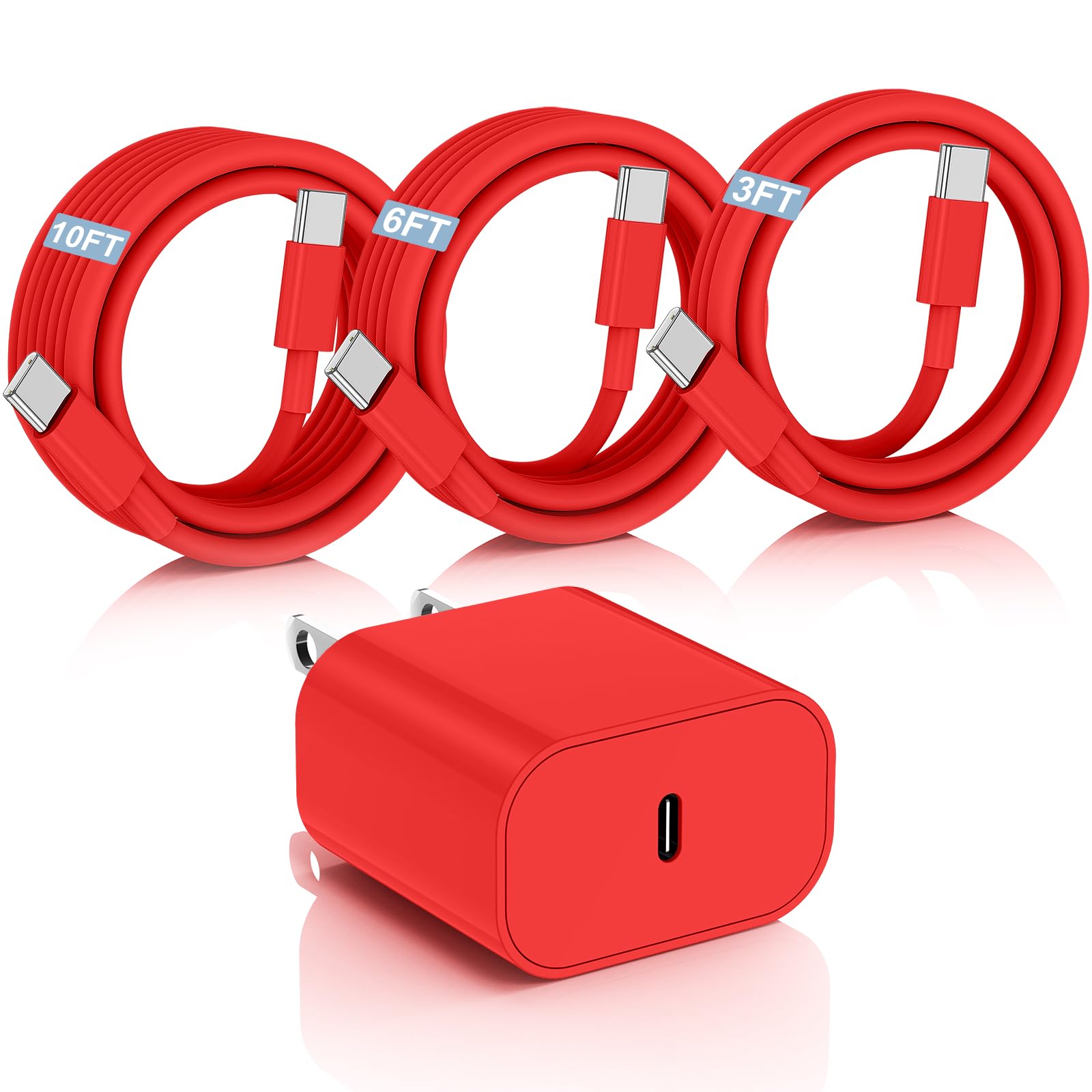 [3ft/6ft/10ft] USB C Cable for iPhone 16 15 Charger,20W USB C Fast Charger Block with Type C Cord for iPhone 16/15 Pro Max Plus,iPad Charger Fast Charging for iPad,iPad Air 5/4th-Red