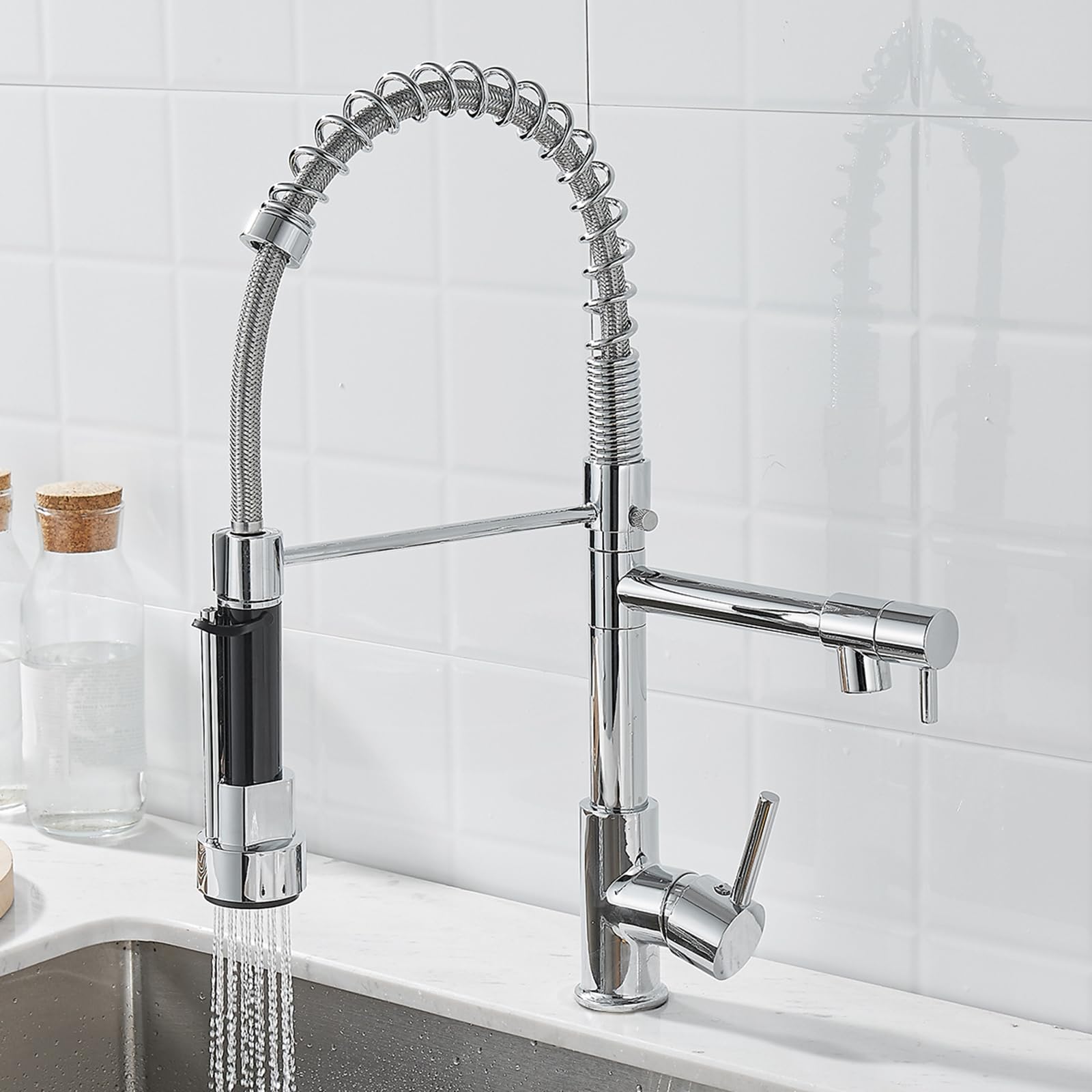 ZYCHSJXA Kitchen Tap Spring Flexible Spout 360° Rotate Brass Hot and Cold Water-Chrome Plated