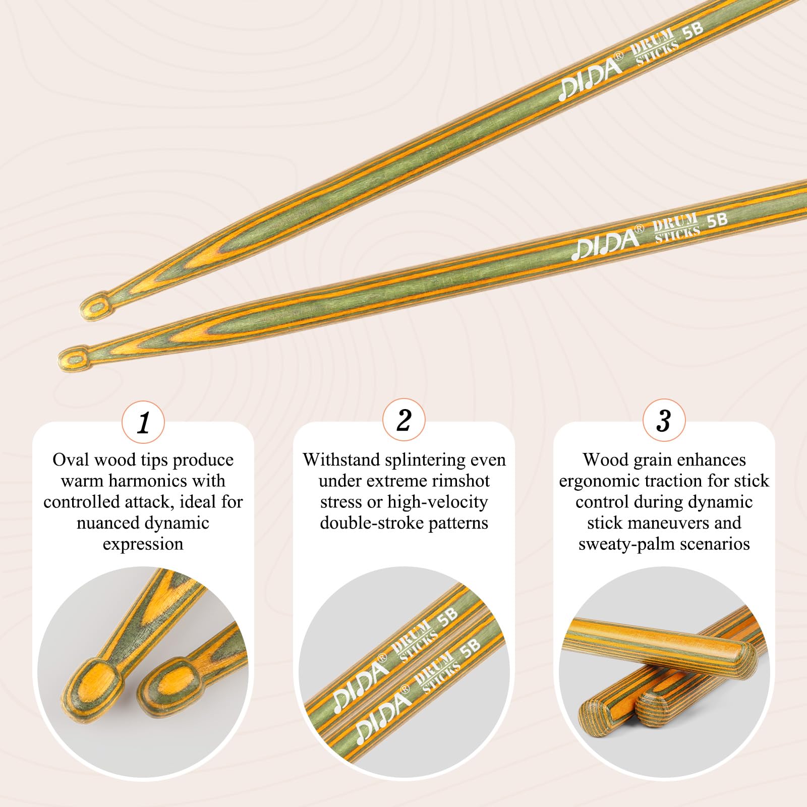 Baquetas para tambor, baquetas de madera, peso y tono constantes, duraderas y baquetas para batería electrónica de jazz, baqueta para profesionales, principiantes (negro y amarillo, 5B)