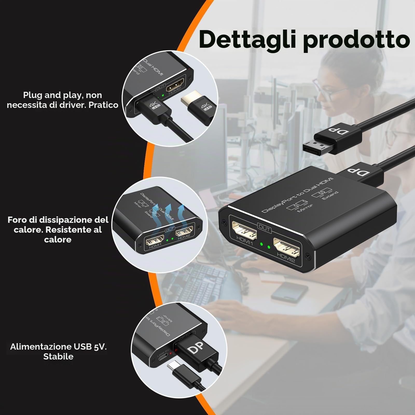 4K@60Hz Displayport a Dual HDMI Adattatore Display Port a 2 HDMI Splitter per 2 Monitor per Computer Grafica Schede Supporta MST & Modalità SST