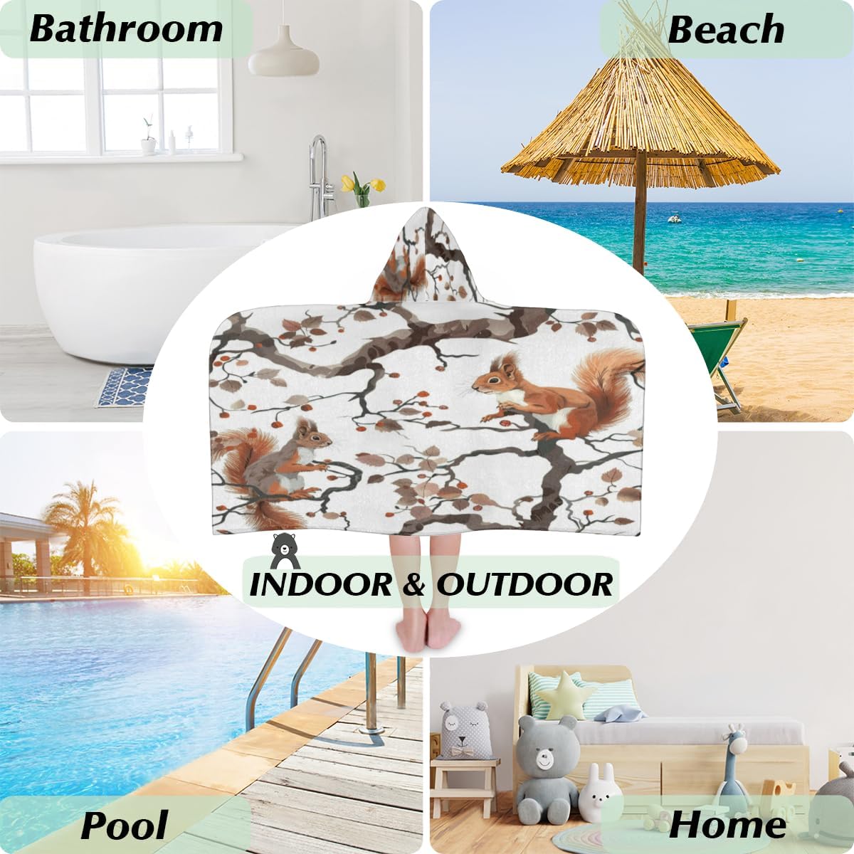 Squirrel Kids Hooded Beach Towel for Girls Boys, Funny Squirrel Large Hooded Bath Towel Wrap Absorbent Quick Dry Toddler Swim Shower Pool Beach Towel