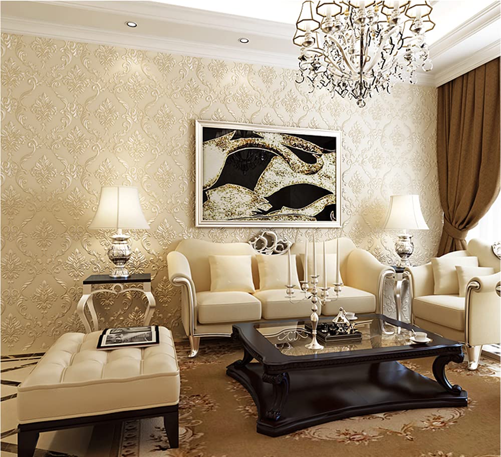 20.87Wx393.7L Damask 3D Embossed Modern Minimalist Restaurant Bedroom Living Room TV Background Non-Woven Wallpaper 20.87Wx393.10L Non-Pasted (Beige) - Image 2