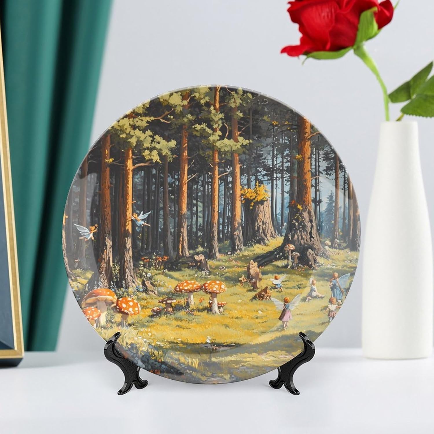 Fairies Hide Seek Forests Trees Mushrooms Decorative Plates for Display Ceramic Plate Tray with Stand Hanger Home Decor