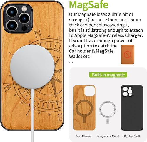 Miniatura 78 de Carveit Funda magnética de madera para iPhone 12 [madera natural y TPU suave negro] a prueba de golpes, funda de madera única y elegante compatible