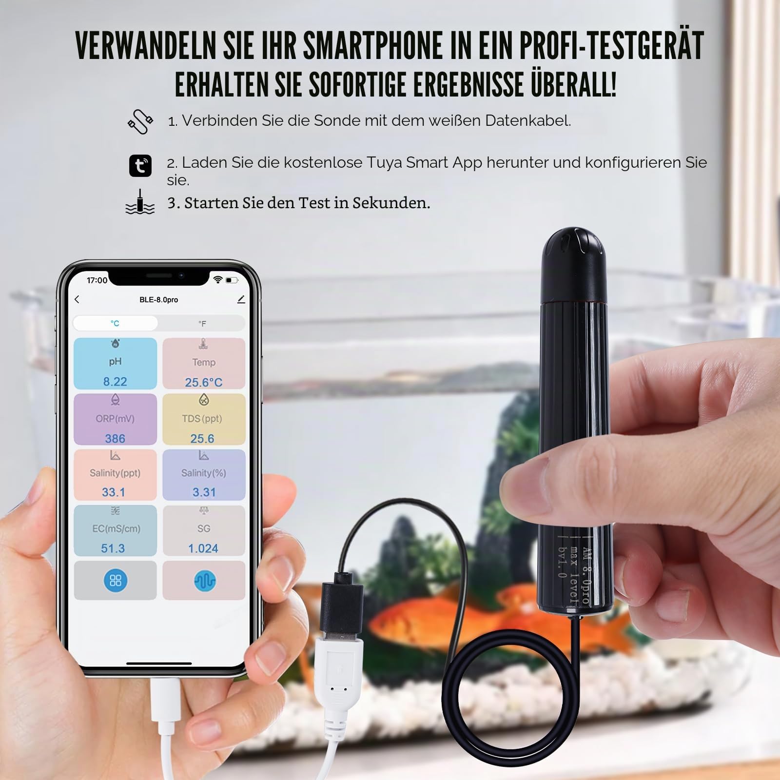 TEKCOPLUS Smart WiFi Wasserqualitätsmonitor 7-in-1 Digitaler Aquarium & Hydrokultur Tester für pH-, Temperatur-, TDS-, EC-Salinität, spezifisches Gewicht & ORP Echtzeit-Multi-Parameter-Sonde mit