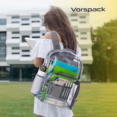Miniatura 6 de Vorspack Mochila transparente resistente - Mochila transparente de PVC grande para libros para trabajo universitario, Gris, Transparente
