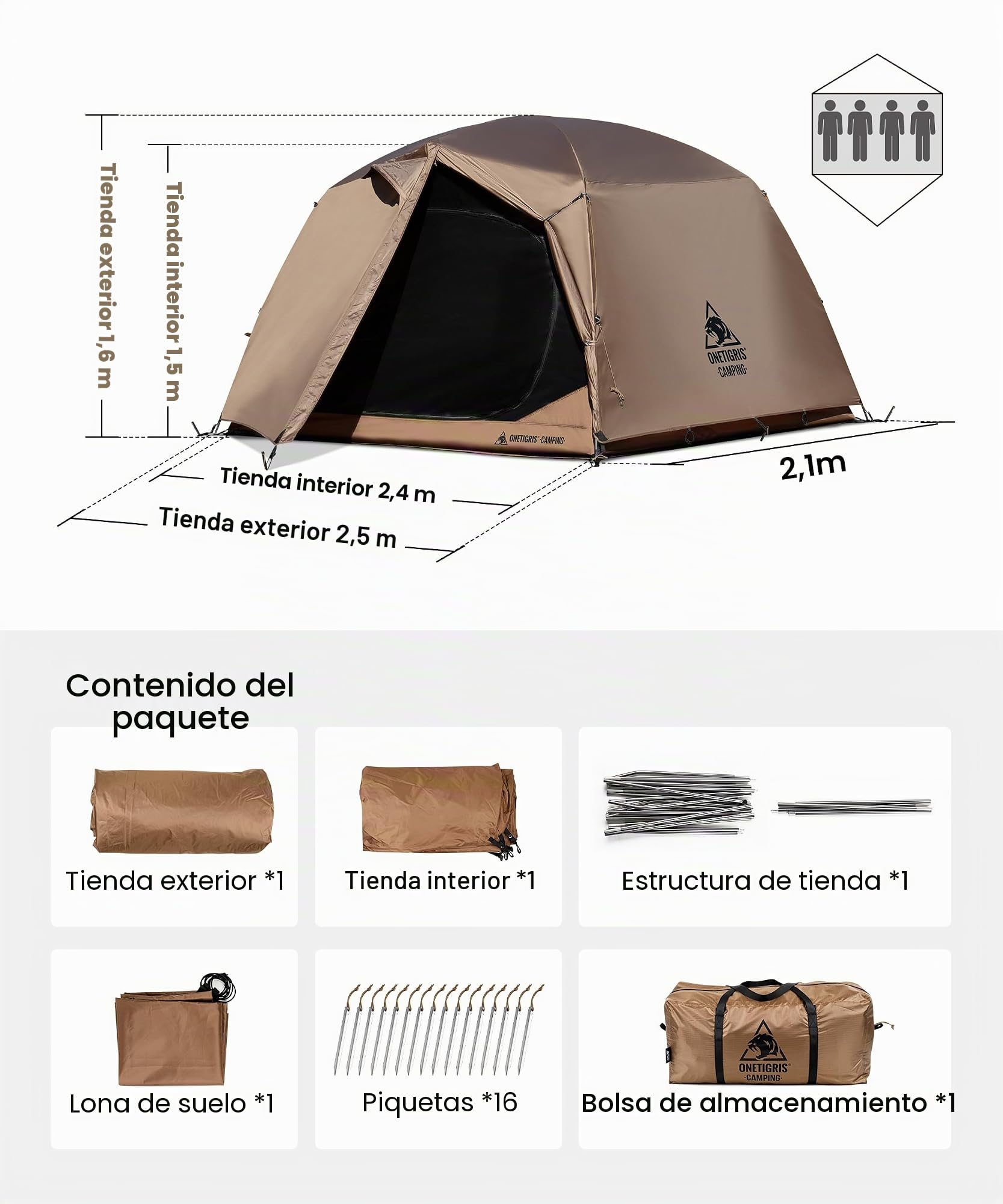 OneTigris JOVIAN 4 personas tienda de campaña impermeable cúpula para camping | Tienda de campaña familiar con columna de agua de 2000 mm, para actividades al aire libre y excursiones familiares