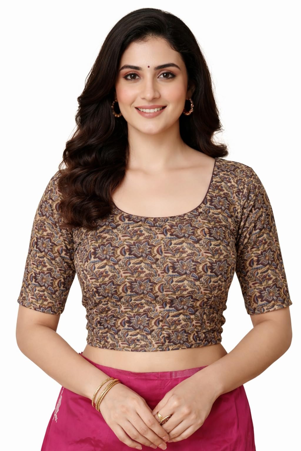Women's Kalamkari Print Cotton Stretchable Round Neck Readymade Saree Blouse