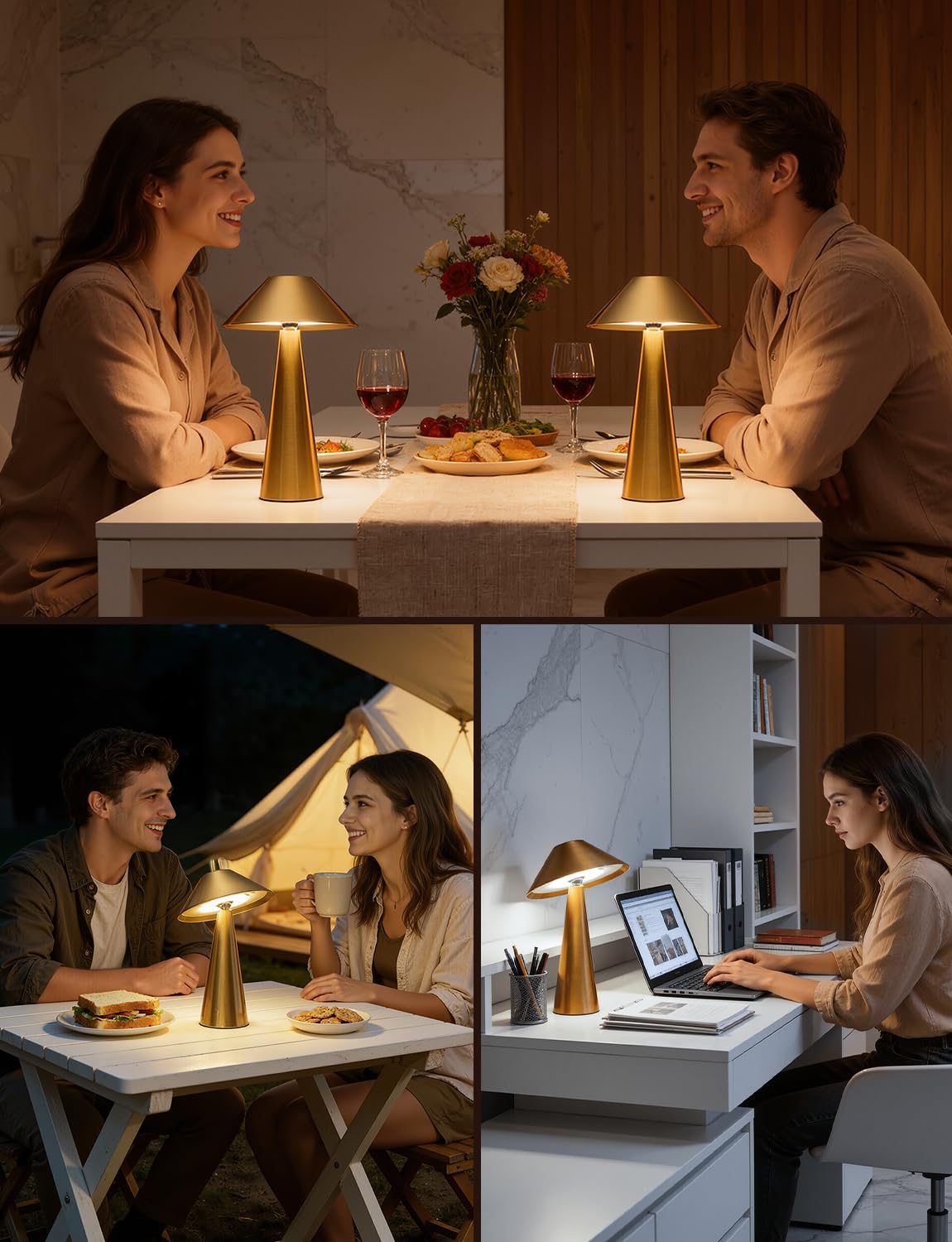BOJIM Gold LED Tischlampe Kabellos Akku USB Aufladbar, Touch Dimmbare Tischleuchten mit Magnet Outdoor IP54 Wasserdicht, Schreibtischleuchte Ohne Kabel Lampenkopf Drehbar für Balkon Table, Indoor