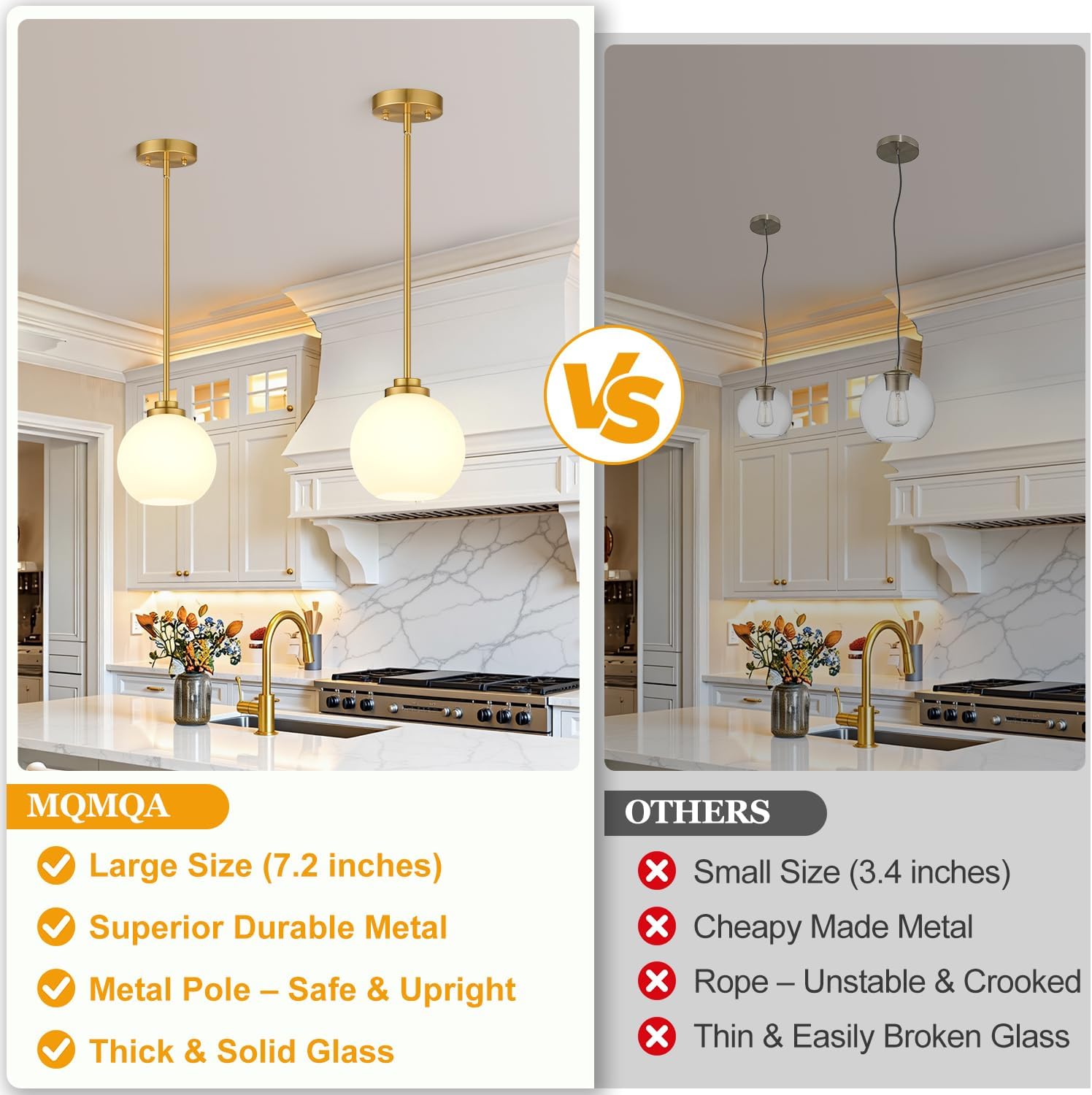 2 Pack 7.2-Inch Globe Pendant Lights, Mid Century Gold Pendant Light Fixtures, Globe Pendant Lights Kitchen Island with Milk Glass Shade Adjustable Hanging Fixture for Dining Room (Bulbs not Included)