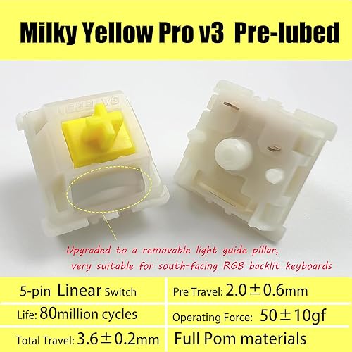Miniatura 9 de Gateron KS-3X1 Pro V2 - Interruptores lineales de 5 pines compatibles con todos los interruptores de teclado mecánico MX (36 unidades, amarillo