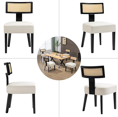 Miniatura 5 de Juego de 4 sillas de comedor de ratán tapizadas de tela moderna de mediados de siglo con marco de madera dura negra, respaldo curvado, silla de