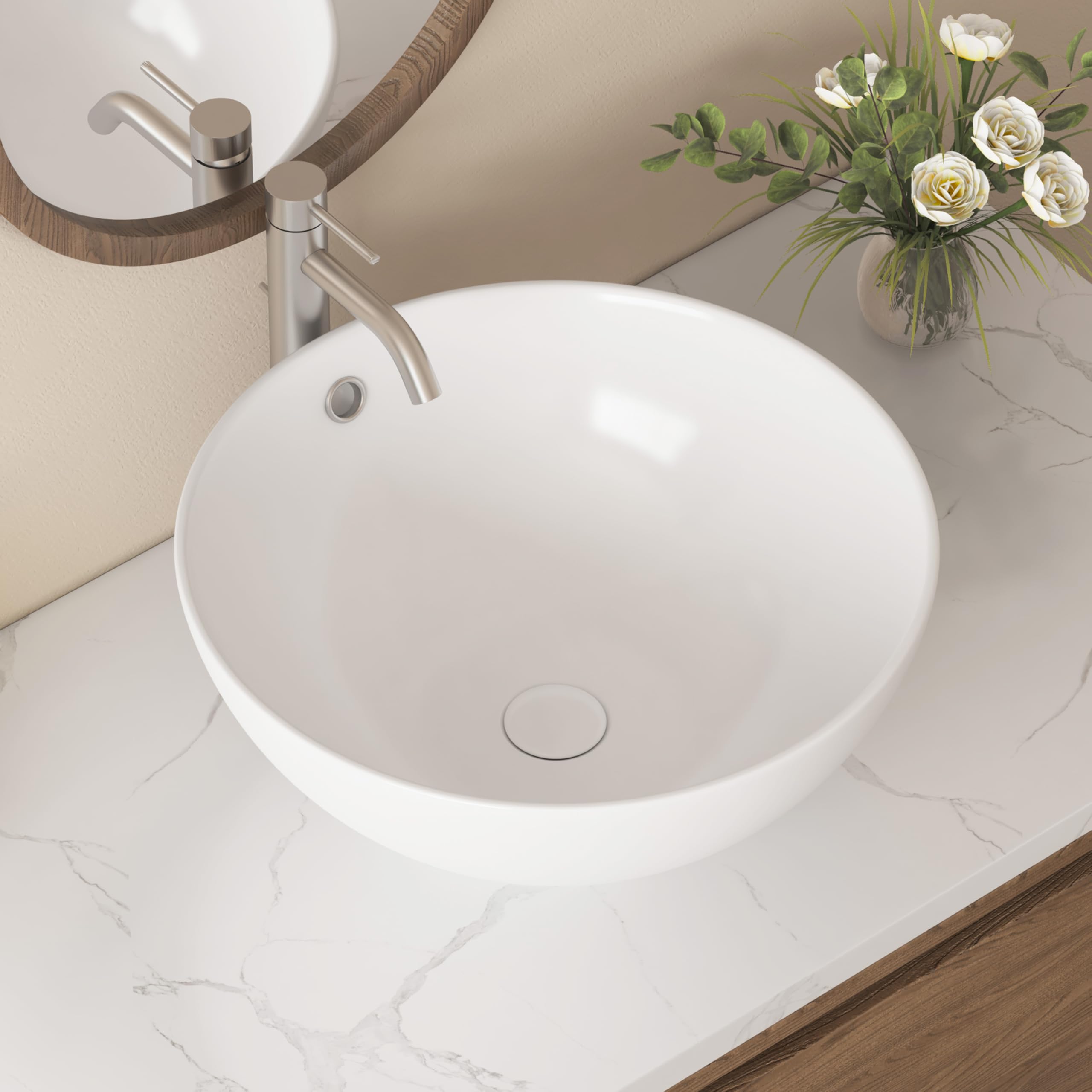 Eridanus Fregadero redondo con agujero de desbordamiento, lavabo de cerámica para encimera de baño, lavabo de porcelana vítrea para lavabo, baño, tocador, blanco brillante, 430 x 430 x 180 mm