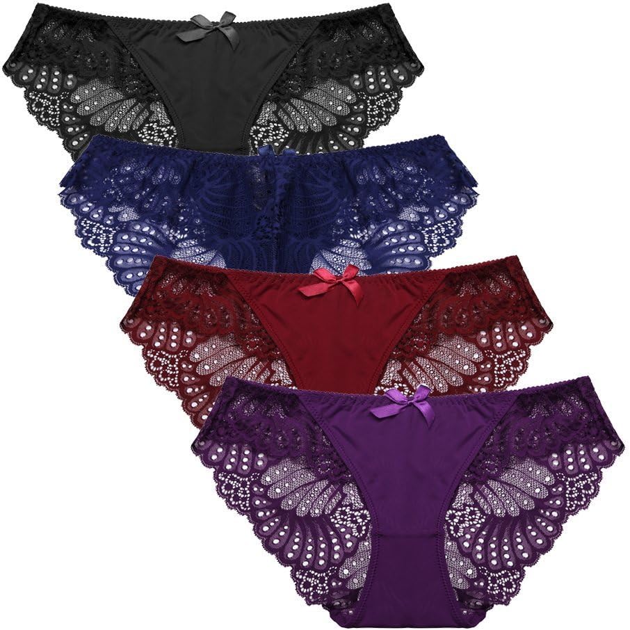 Women's Sexy Lace Hipster Panties Ladies Silk Knickers Pack of 4 Underwear (UK 14-16, Color-1)