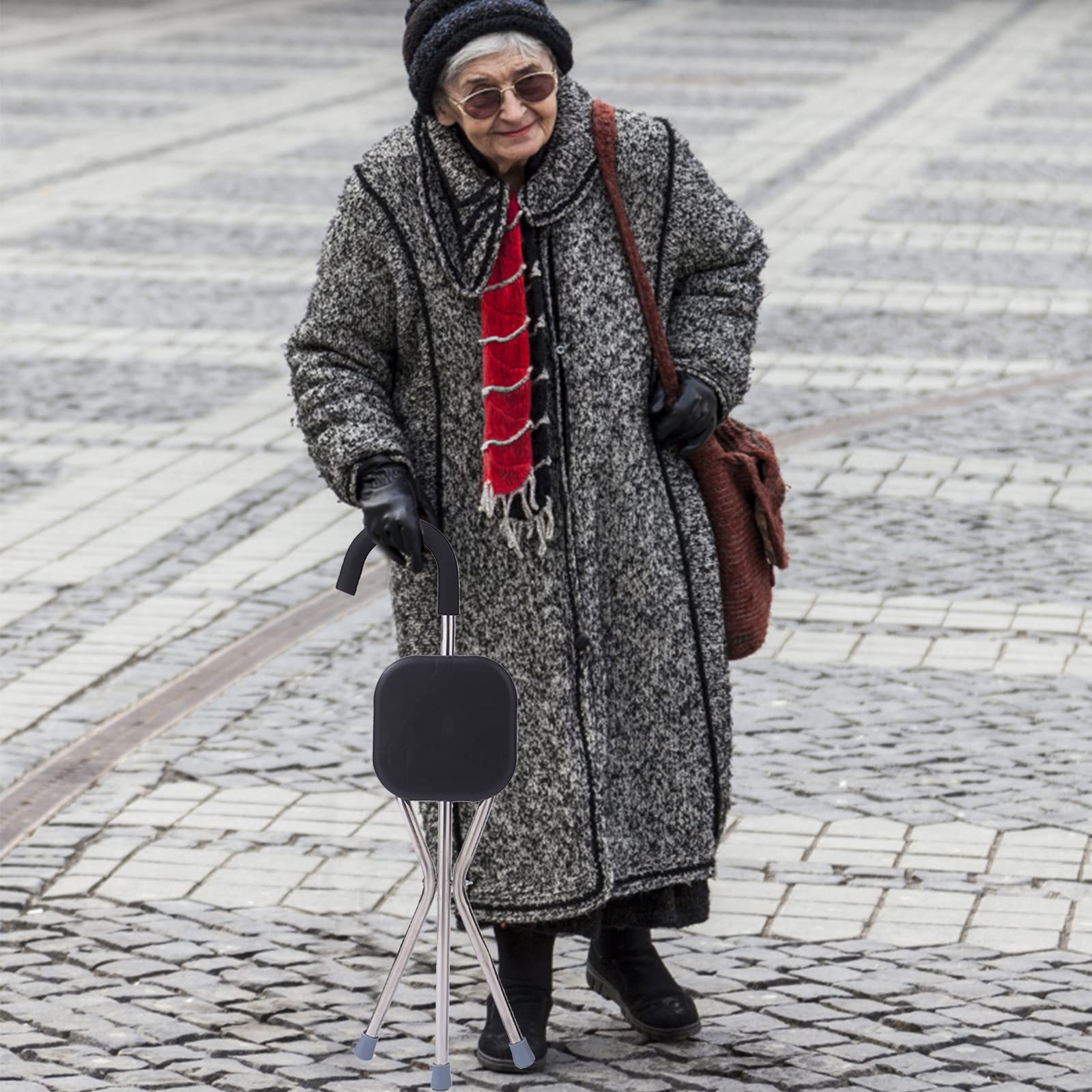 BIHOME Asiento de caña de Caminar Plegable, Silla de espesas para Mujeres y Hombres, muleta de heces de Acero Inoxidable con 3 Patas para Viajes de Edad Avanzada al Aire Libre