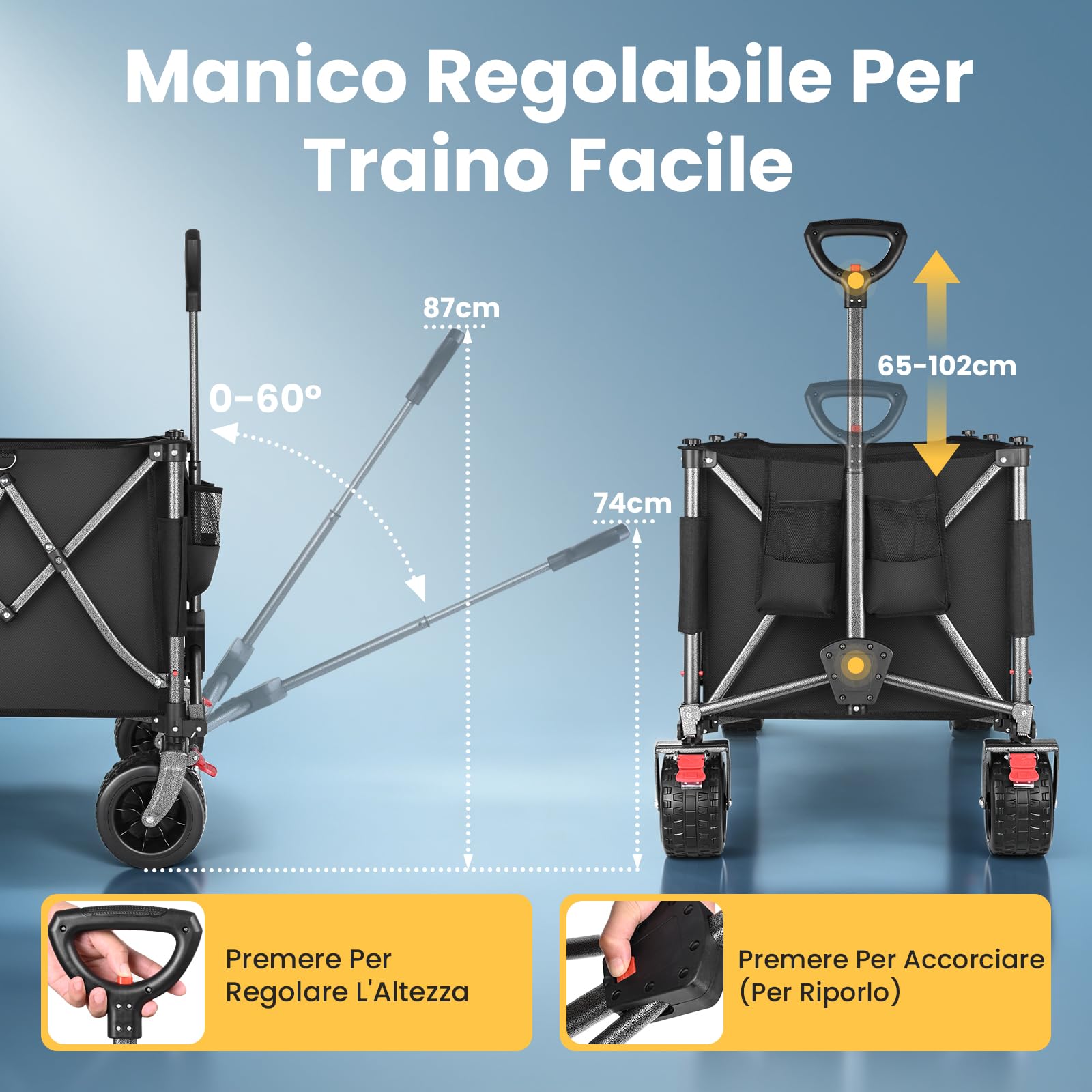 YEAUPE PRO Carrello Spiaggia Pieghevole XXXL – Doppi freni, doppia forcella rinforzata, ruote grandi, manico regolabile, rete elastica inclusa, carrello con ruote portatutto – 250kg/260L, Nero