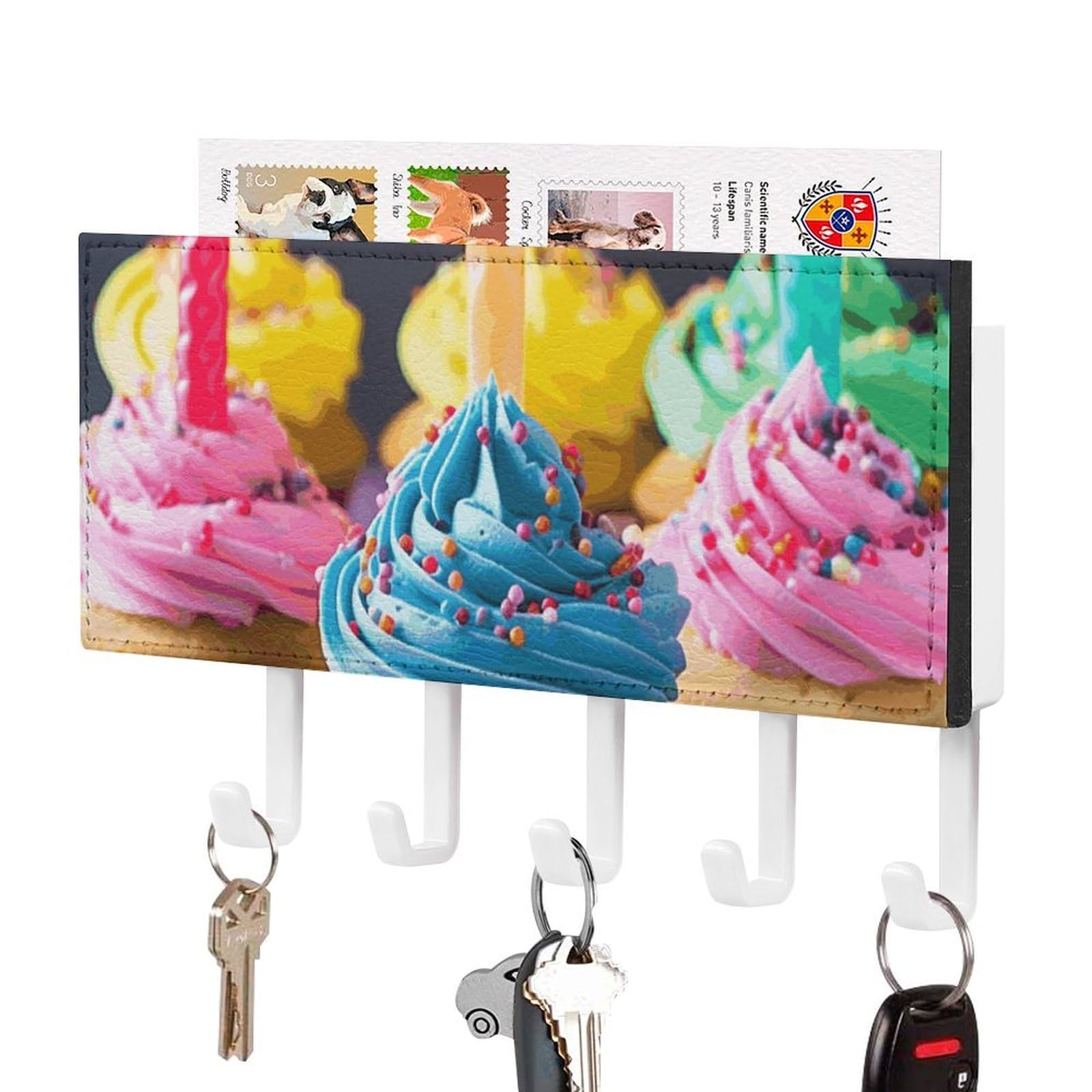 JTREHY Colorful Happy Birthday Cupcakes Holder Wall-Mounted Key and Mail Holder,Key Rack with 5Keys Hooks, Easy to Install Mail Organizer for Entryway, Front Door, Hallway, Office
