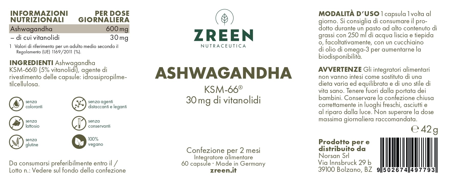 Ashwagandha KSM-66 – 30 mg di Vitanolidi – 60 Capsule HPMC – 2 Mesi – Prodotto in Germania – Integratore Alimentare