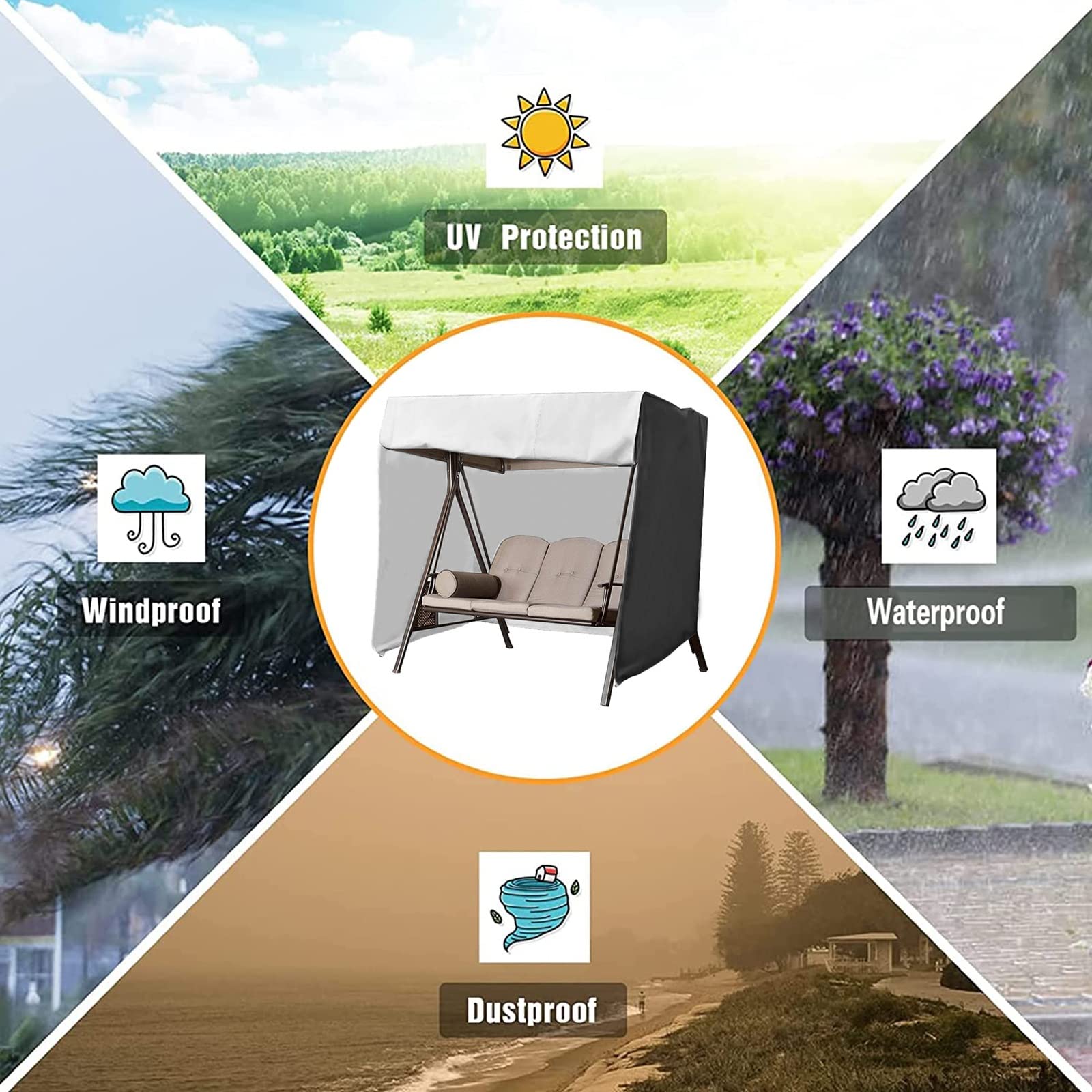 Copertura Per Dondolo Da Giardino 3-4 Posti - Tessuto Oxford Impermeabile UV, Con Cerniera - Foto 7