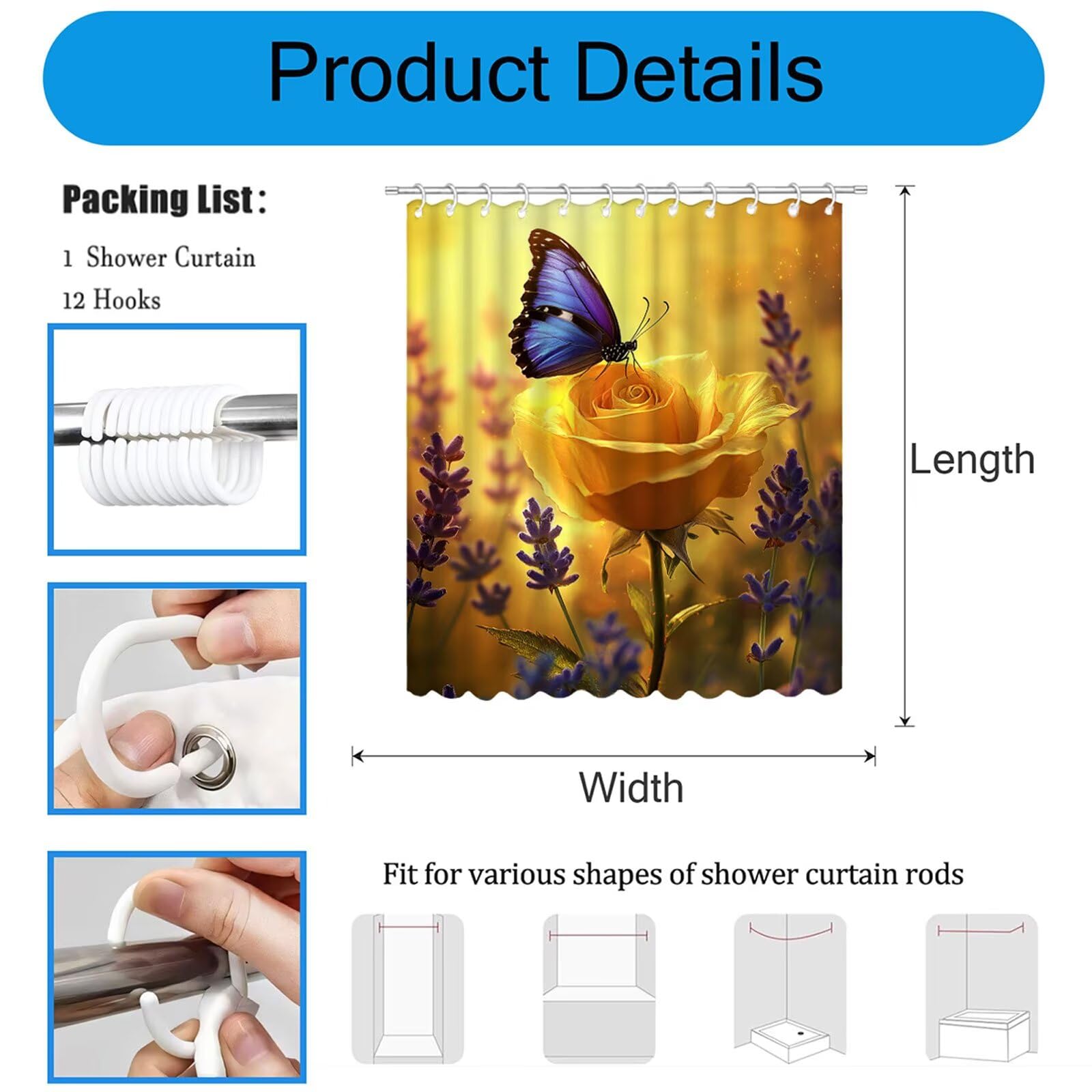 Cortina de Ducha Naranja Cortina Ducha, Antimoho, Tela Impermeable Poliéster, Shower Curtain 200x220 cm con 12 Ganchos y Dobladillo Ponderado, Shower Curtain Lavable para Baño o Bañera, Rosas 3Y#155