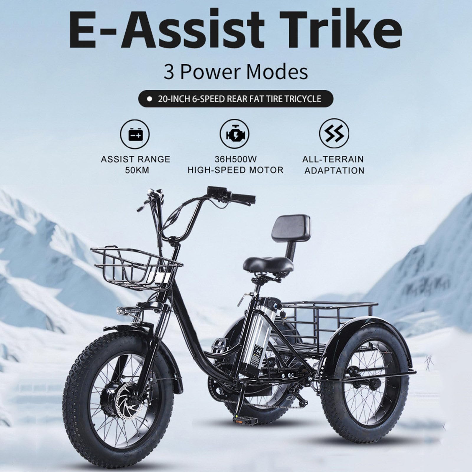 Tricycle Cargo électrique Utilitaire pour Adultes Seniors, 20 Pouces, 6 Vitesses, Batterie Amovible 48 V 13 Ah, autonomie de 40 km, Grands paniers Avant et arrière, écran LCD